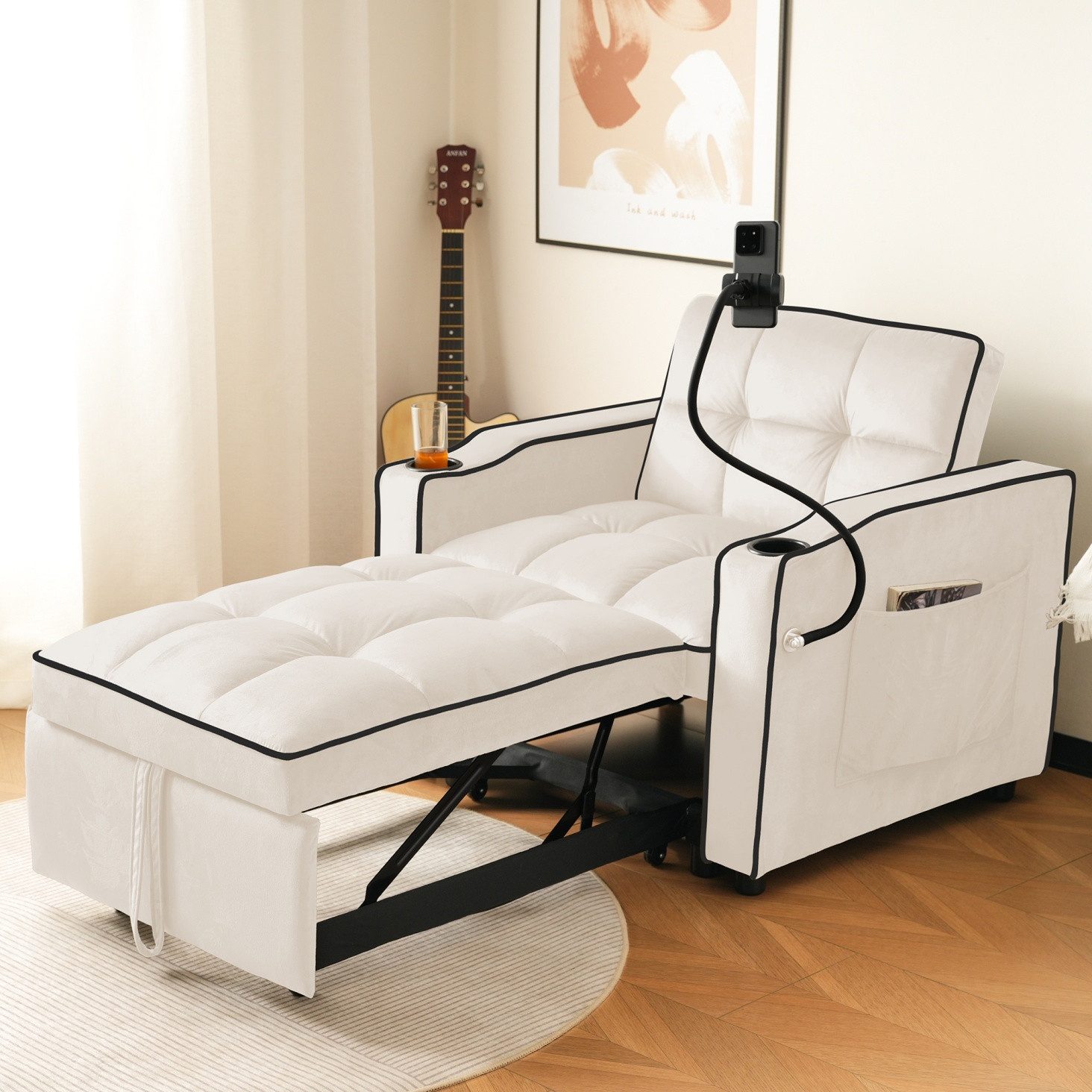 IDEASY Schlafsofa Schlafsofa Sessel ausziehbar mit Getränkehaltern und Handyhalter, 3-fach verstellbare Rückenlehne, 2 Getränkehalter, Handyhalterung