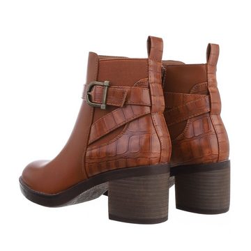 Ital-Design Damen Freizeit Stiefelette Blockabsatz Klassische Stiefeletten in Camel