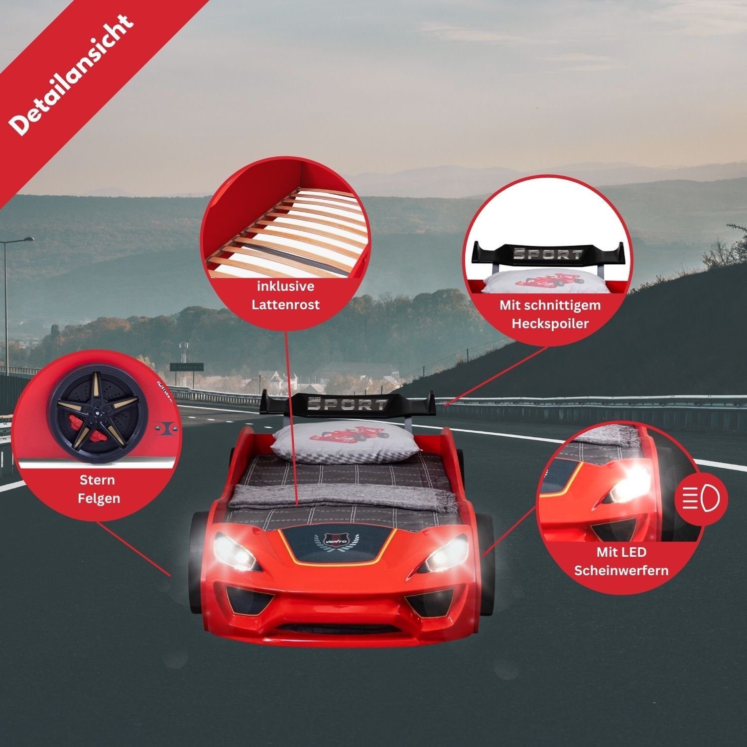 DREAM Rot Renn-Design Rot Lattenrost mit 90x200 Coemo mit Spoiler), (Kinderbett RACER | Autobett