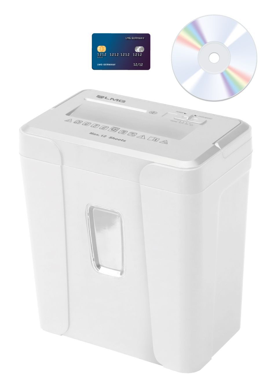 LMG Germany Aktenvernichter Aktenvernichter DWS-1212CD 12 Blatt 4x35 mm 21 Liter weiß, Kreuzschnitt P4, CD-Zerstörung, AUTO-Funktion, 21L Auffangbehälter