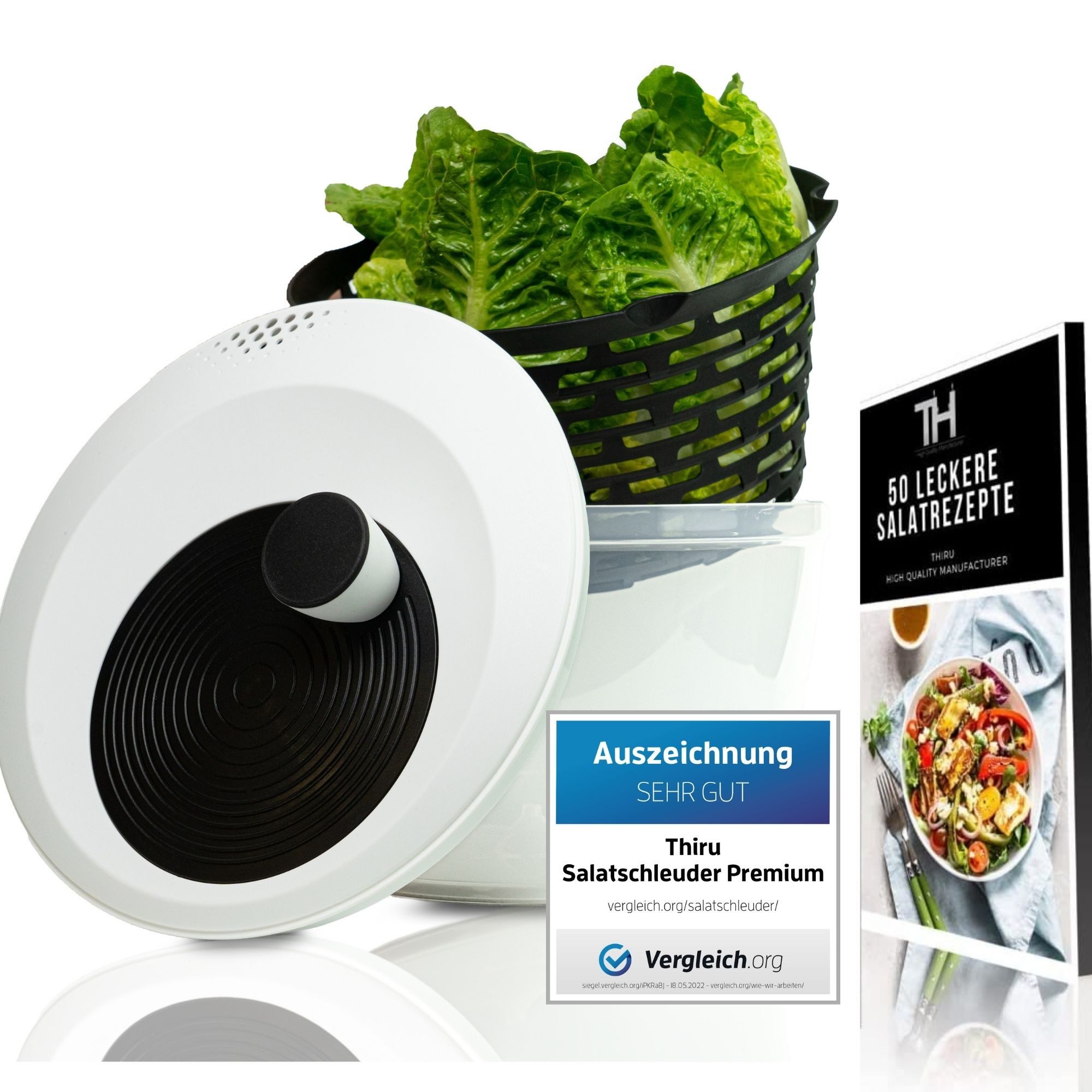 Thiru Salatschleuder Premium Salatschleuder 5L - Made in Germany - BPA Frei, 5 Liter, BPA frei, Rutschfest, Leichtes Kurbeln