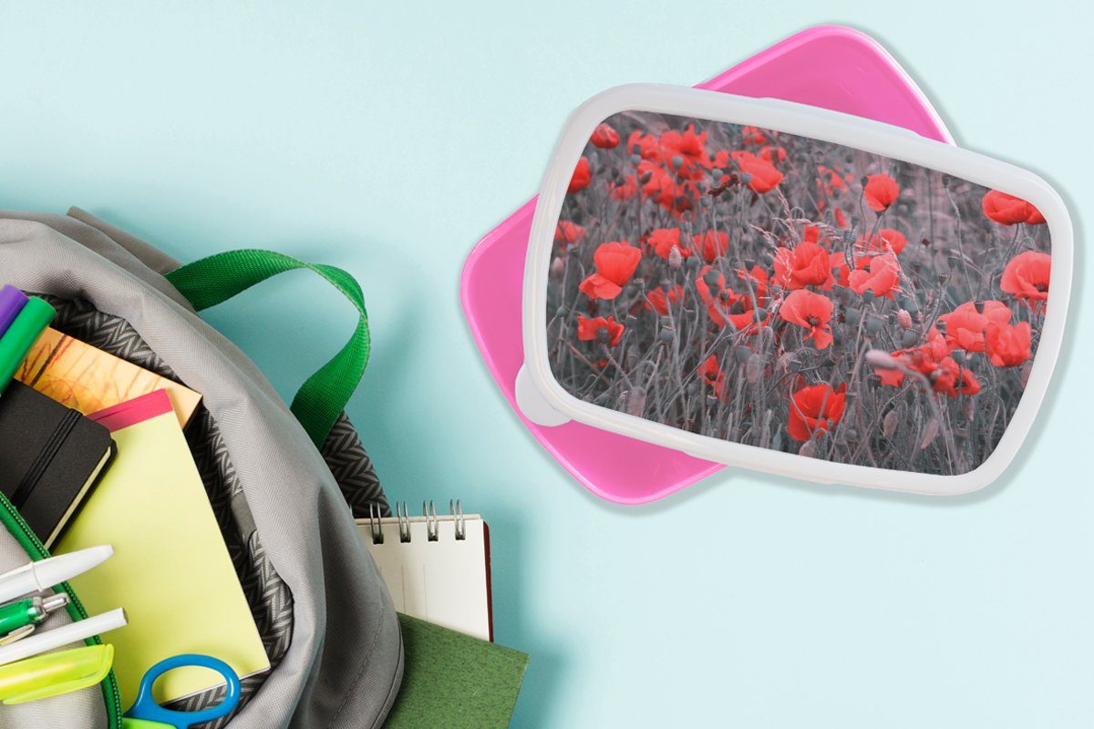 Brotdose Schwarz-Weiß-Bild, Kinder, Erwachsene, (2-tlg), Brotbox Kunststoff, Kunststoff in Rote Snackbox, rosa Mädchen, für Mohnblumen einem Lunchbox MuchoWow