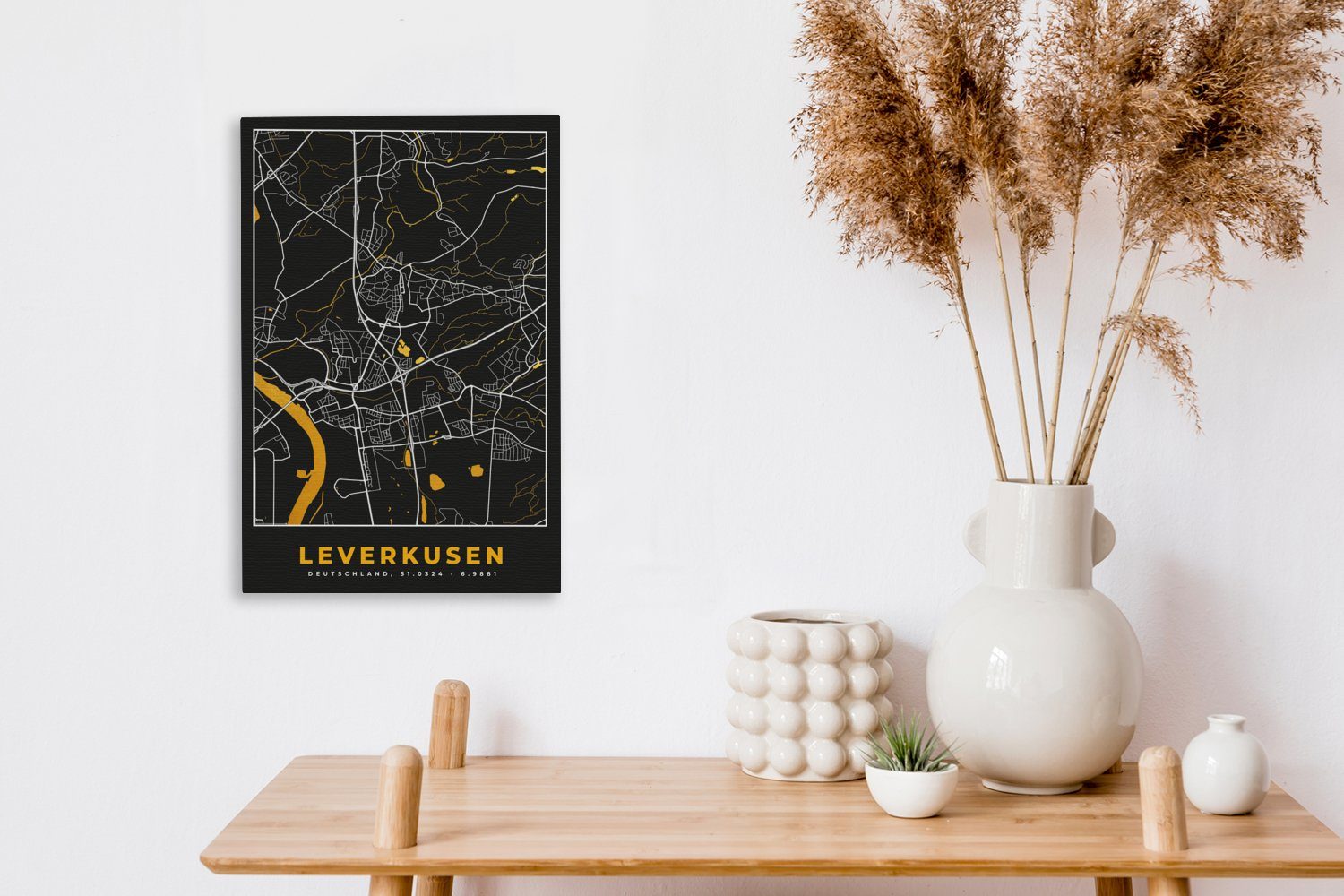 Gemälde, fertig - Leinwandbild Zackenaufhänger, Karte, 20x30 Stadtplan - Leinwandbild Deutschland cm bespannt Gold - Leverkusen inkl. (1 St), OneMillionCanvasses® -
