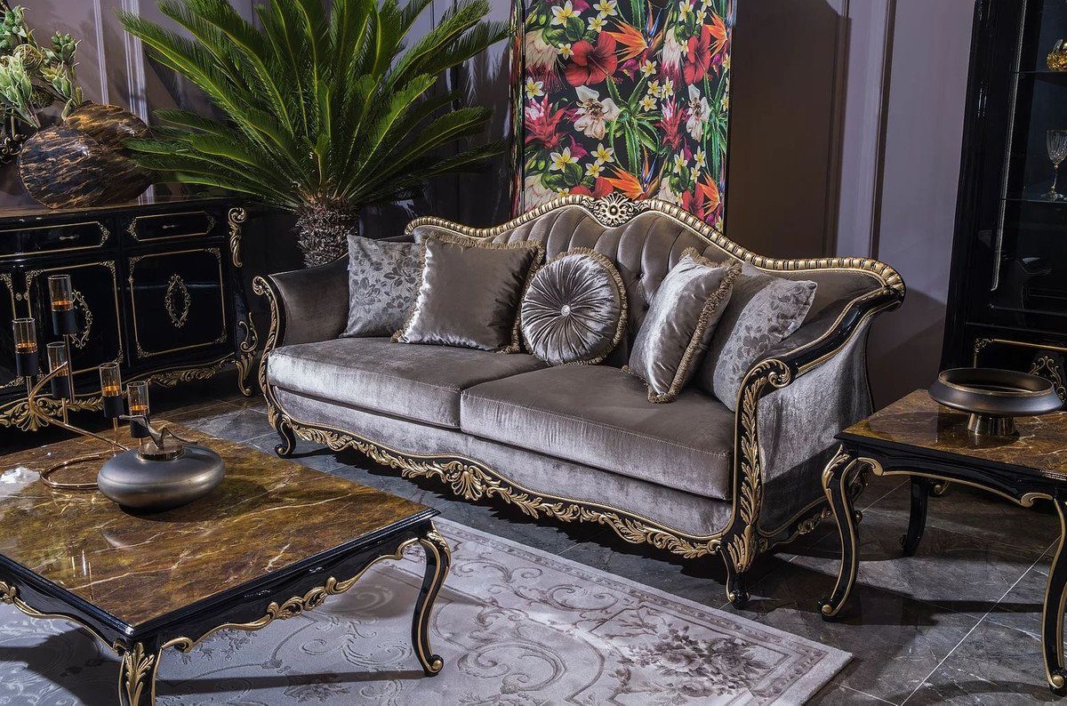 Casa Padrino Sofa Luxus Barock Sofa Silber / Schwarz / Gold 220 x 88 x H. 107 cm - Prunkvolles Wohnzimmer Sofa mit dekorativen Kissen - Edel & Prunkvoll