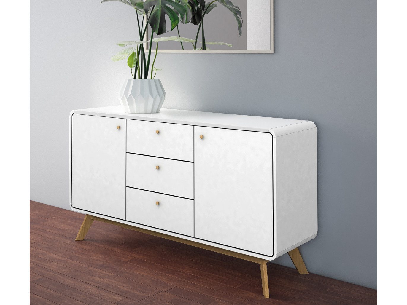 loft24 Sideboard Caitlin, Schrank, 2 Türen, 3 Schubladen, Skandinavisches Design, Breite 140 cm