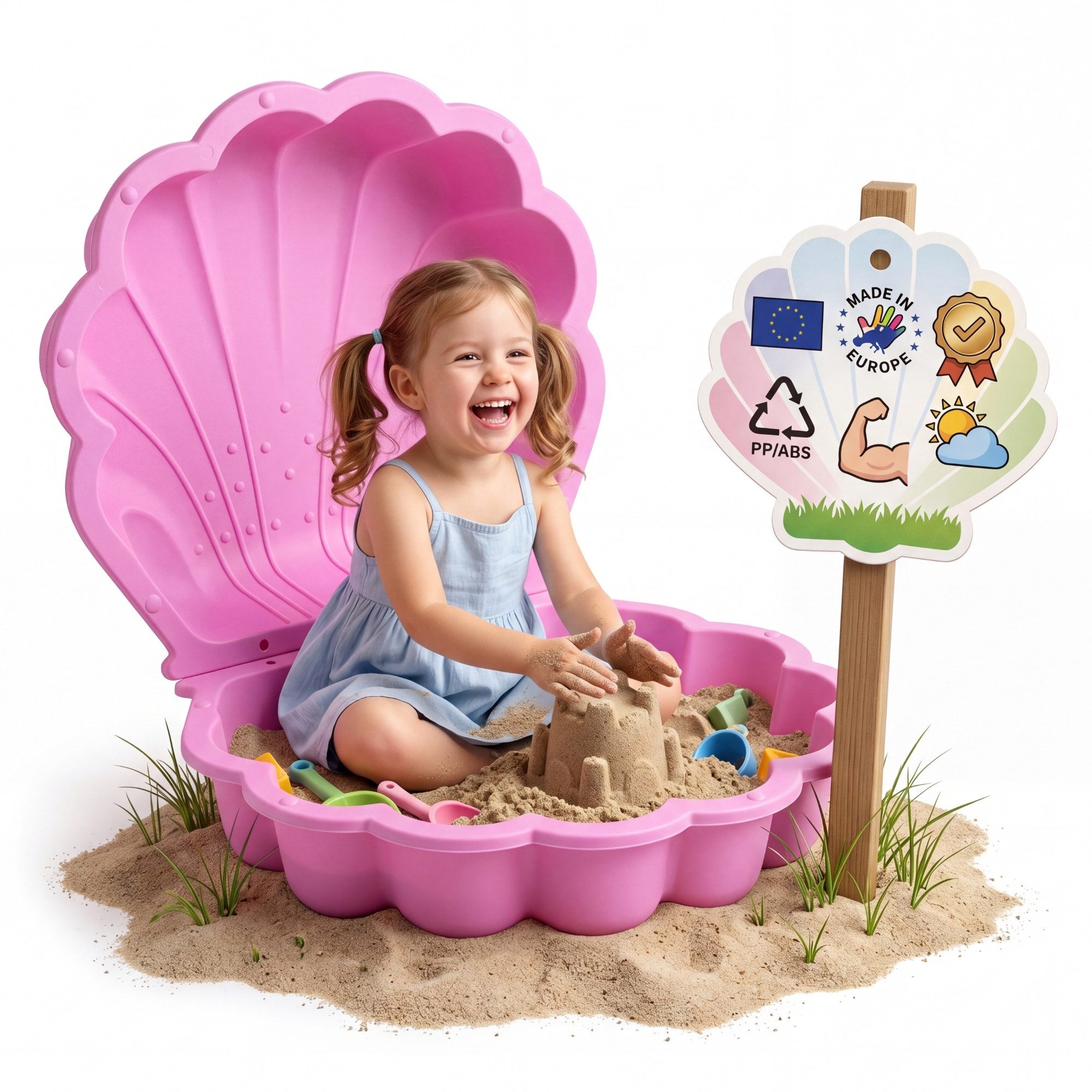 BigDean Sandkasten XXL Wassermuschel Sandmuschel 2-teilig aus Kunststoff mit Deckel, (Packung, 2-tlg., Mit Muscheldeckel), Robust, Wetterfest, UV-beständig