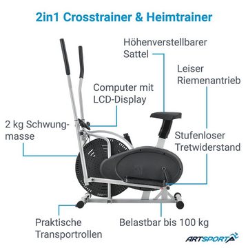 ArtSport Crosstrainer 2 in 1, leiser Riemenantrieb, 2 kg Schwungrad, stufenloser Widerstand