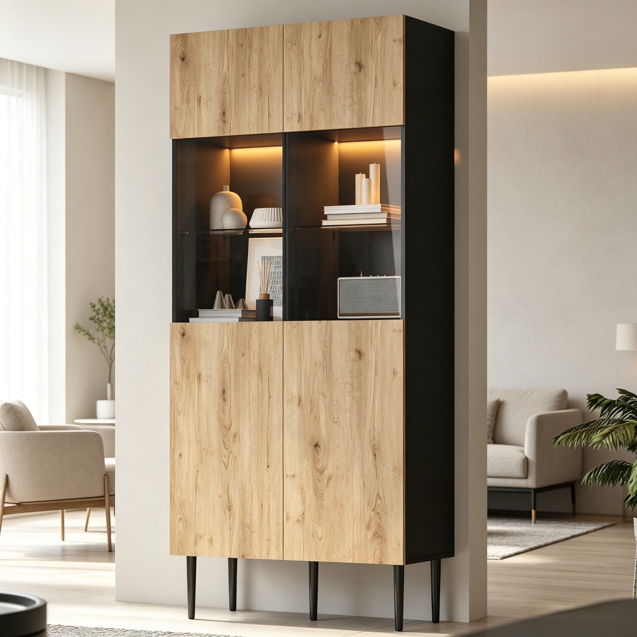 HAUSS SPOLE Vitrine mit LED-Beleuchtung,Highboard mit Staufächern,Hochschrank Glastüren (Wohnzimmerschrank mit mehreren Regalböden und Metallbeinen) mit einer verstellbaren Trennwand aus gehärtetem Glas
