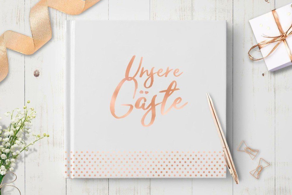 bigdaygraphix Notizbuch Roségold Quadratisches Gästebuch 22x22 Erinnerungen, Einzigartige Gestaltung mit edlem Roségold.