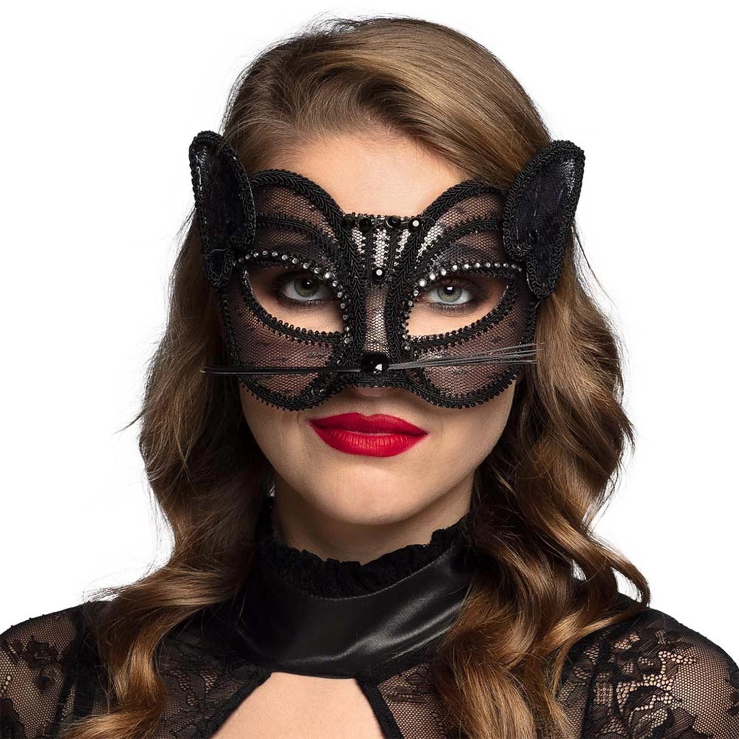 Boland Verkleidungsmaske Spitzen Augenmaske 'Katze de luxe', Schwarz