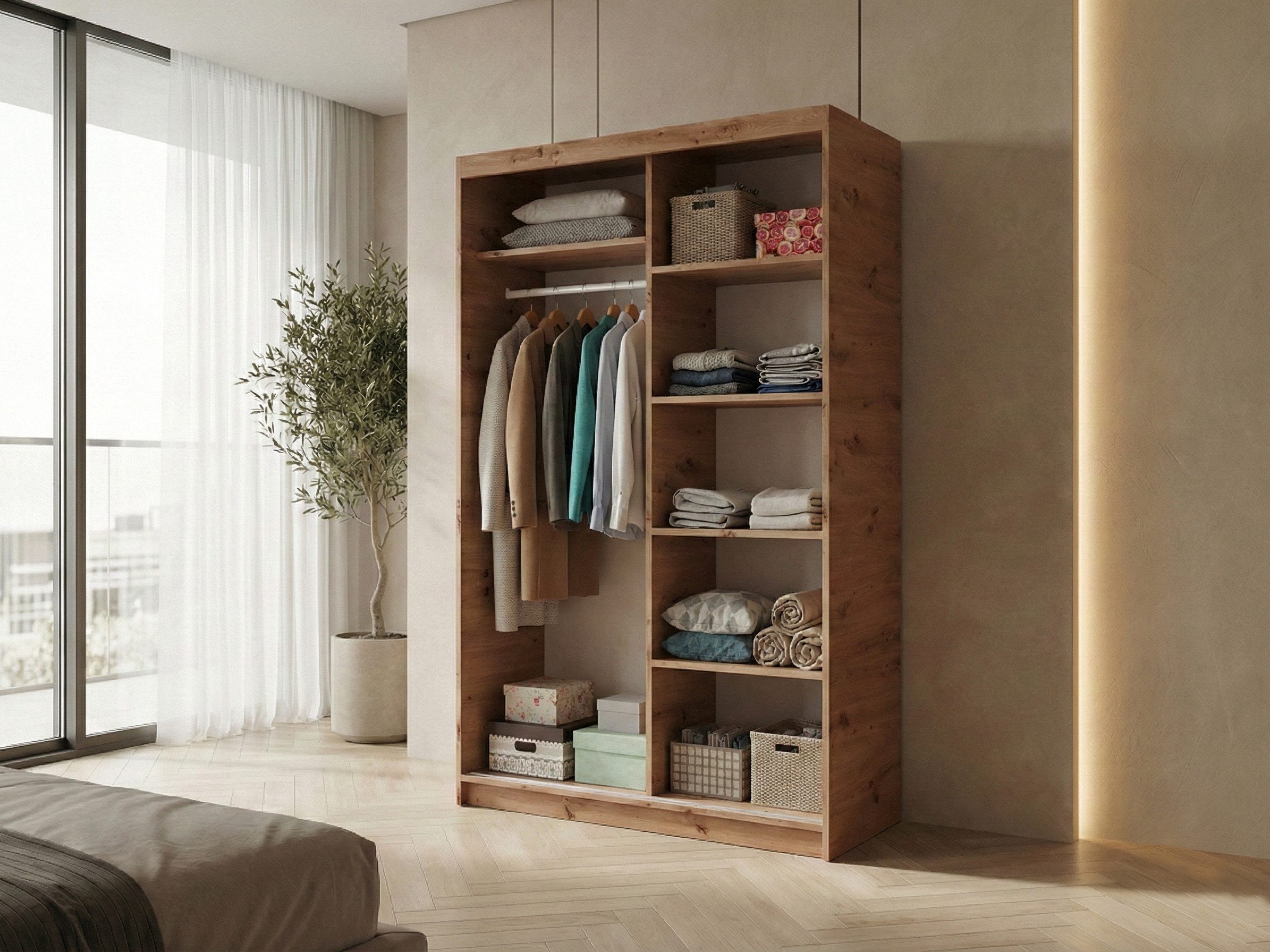Beautysofa Kleiderschrank HELA moderner Kleiderschrank mit Spiegel (Schiebetürenschrank mit Kleiderstange und Regalböden, Schrank für Schlafzimmer, Flur & Ankleidezimmer) wahlweise ohne oder mit Schubkasteneinsätzen