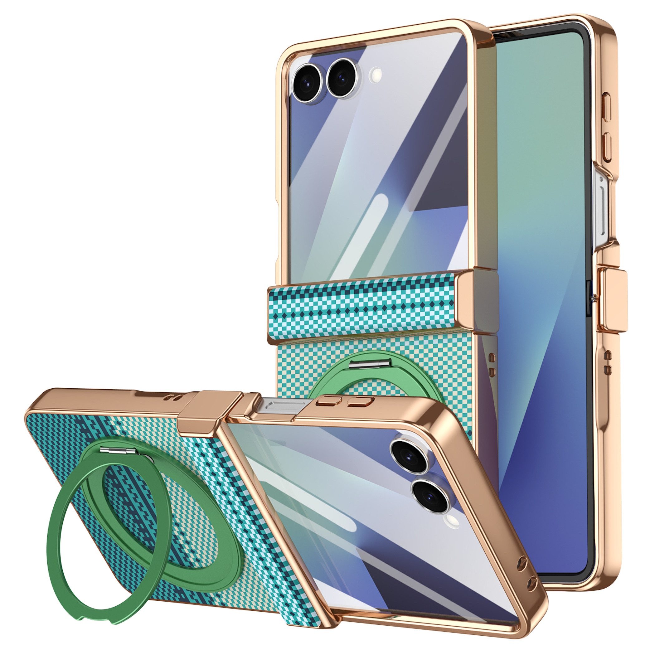 Wigento Handyhülle Samsung Galaxy Z Flip8 5G Dreh Kipp Magnetring H9 Schutzglas Grün 6,90 und 4,1 Zoll, Scharnier Schutz, Displayschutz, erhöhte Ränder, Magnetisch