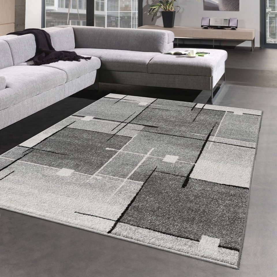 Teppich Designerteppich mit abstrakt quadratischem Muster in grau,  Carpetia, rechteckig, Höhe: 9 mm