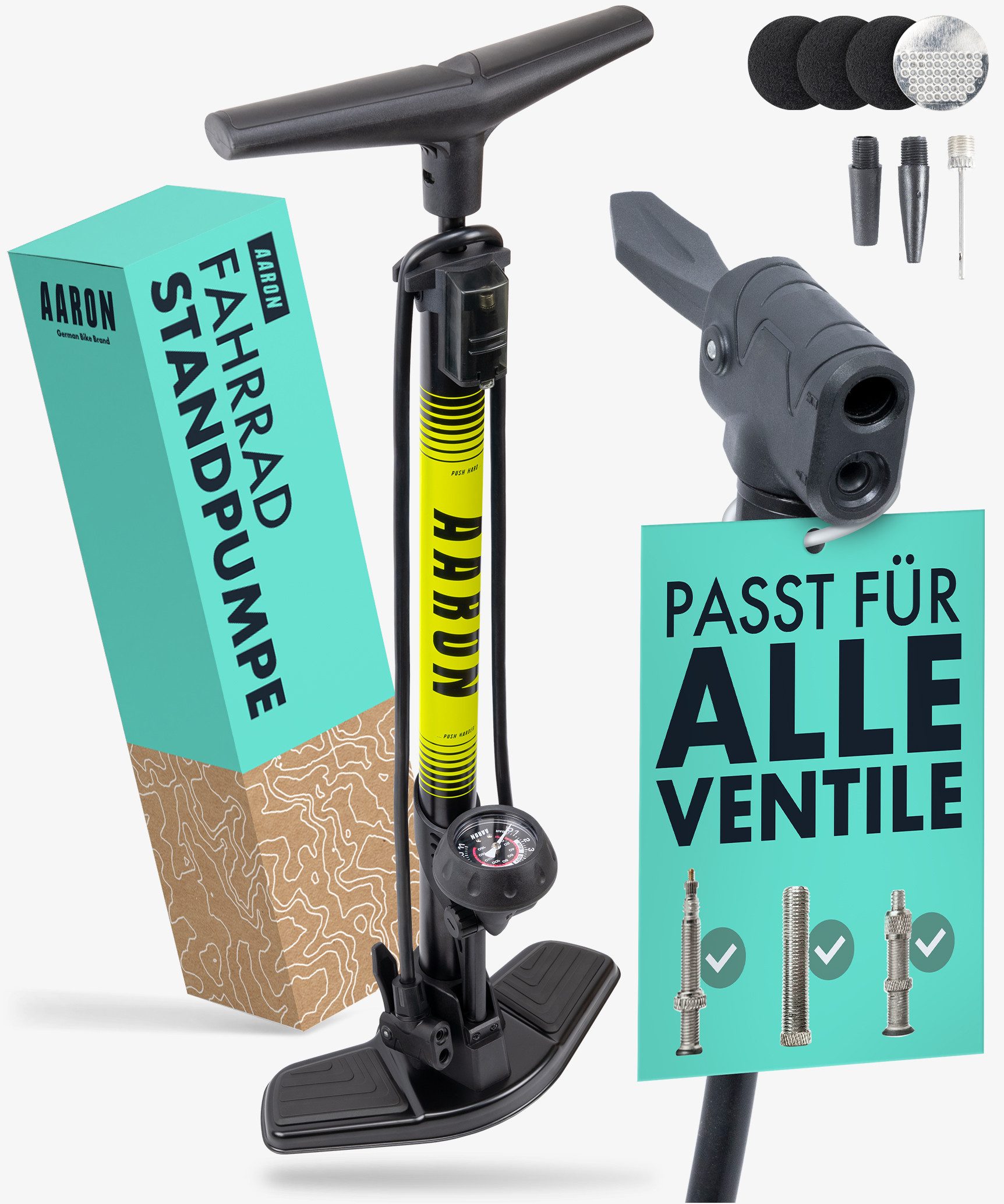 AARON Standpumpe Sport One 2.0 Fahrrad-Luftpumpe für alle Ventile mit Manometer