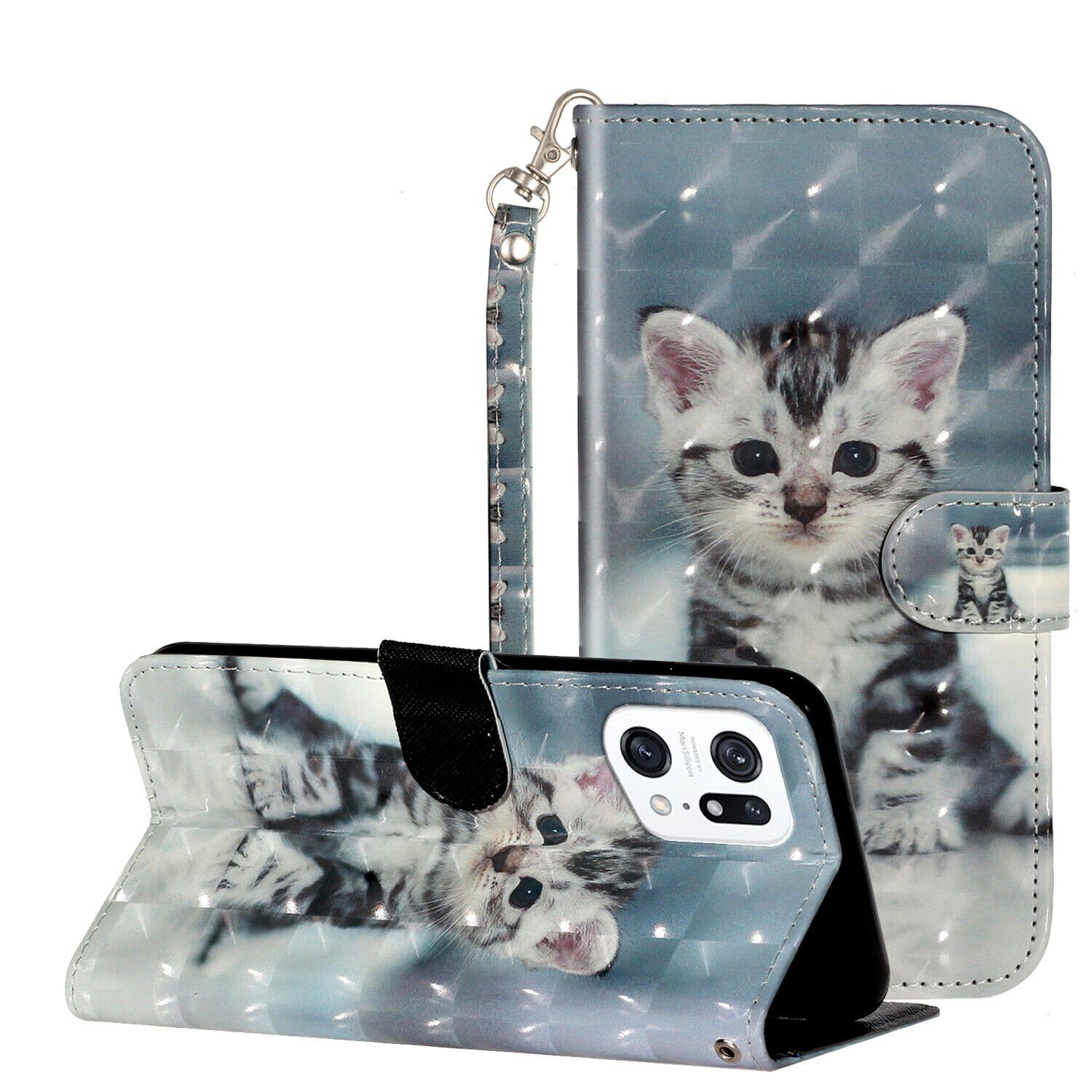 CLM-Tech Handytasche Hülle für Oppo Find X5 Pro Tasche aus Kunstleder Klapphülle (kleine Katze, 1x Oppo Find X5 Pro Handyhülle Wallet Case Cover Etui), Standfunktion, Kartenfächer, Magnetverschluss