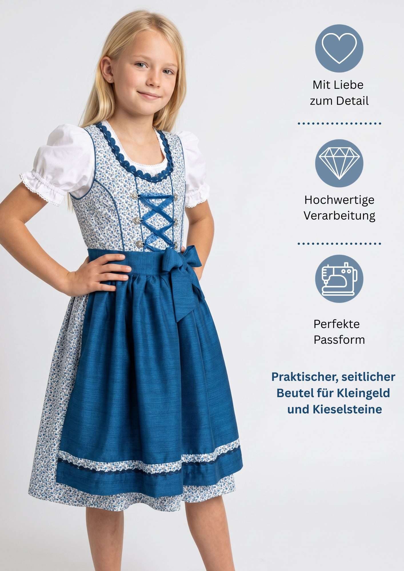Nübler Dirndl Mädchen Dirndl im traditionellen Stil Kinder Trachten (Dirndl Set DORIS, 3-tlg., Dirndl Kleid mit Bluse und Schürze) Kinder Tracht im bayerischen Stil - Trachtenmode Kinder