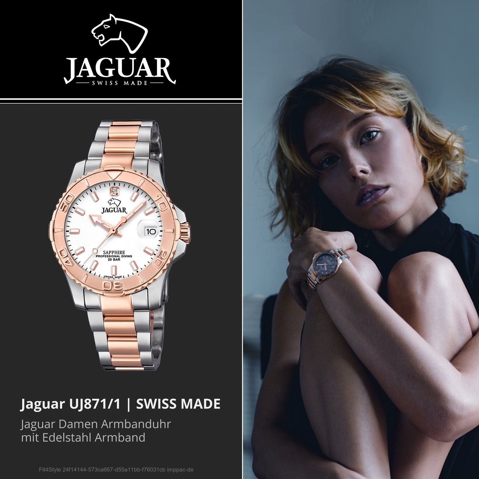 Damen JAGUAR Analog, J871/1 rundes Edelstahlarmband, mittel Gehäuse, 34mm), Uhr Fash mit Edelstahl Damenuhr Jaguar Quarzuhr (ca.