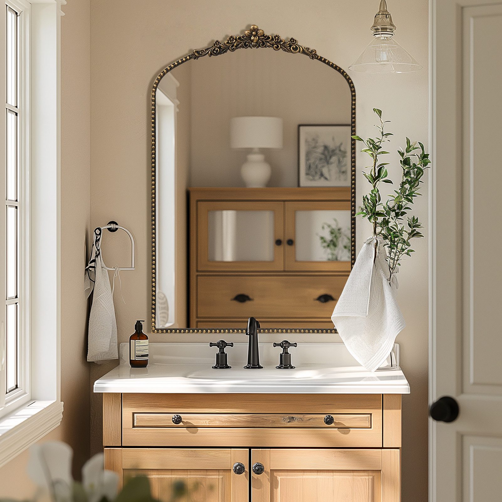 G-LEAF Spiegel Bogen-Wandspiegel im Barockstil, Metallrahmen mit Perlenverz günstig online kaufen