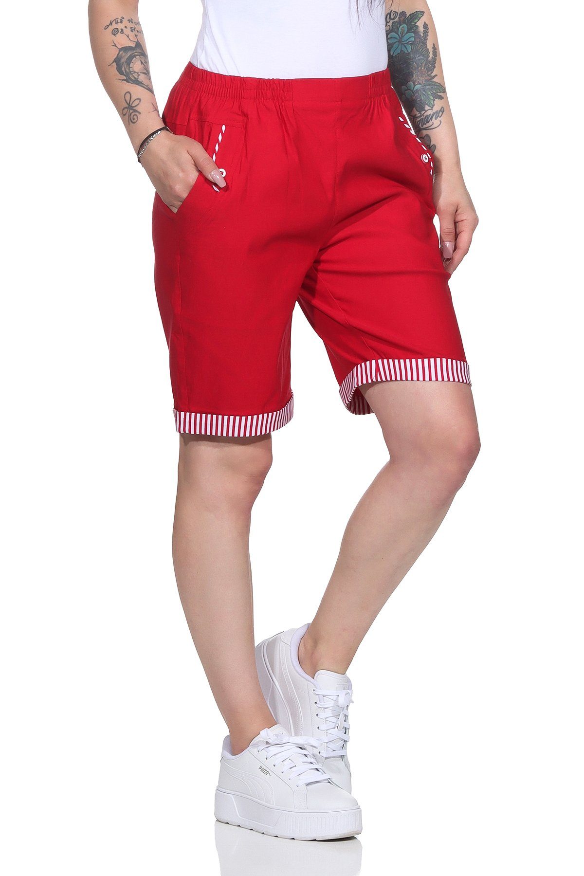 erhältlich, Größen Shorts Shorts großen Aurela Sommer Strandbermuda auch Rot elastischem Bund, maritimen Damenmode Bermuda mit in Damen Maritime mit Details