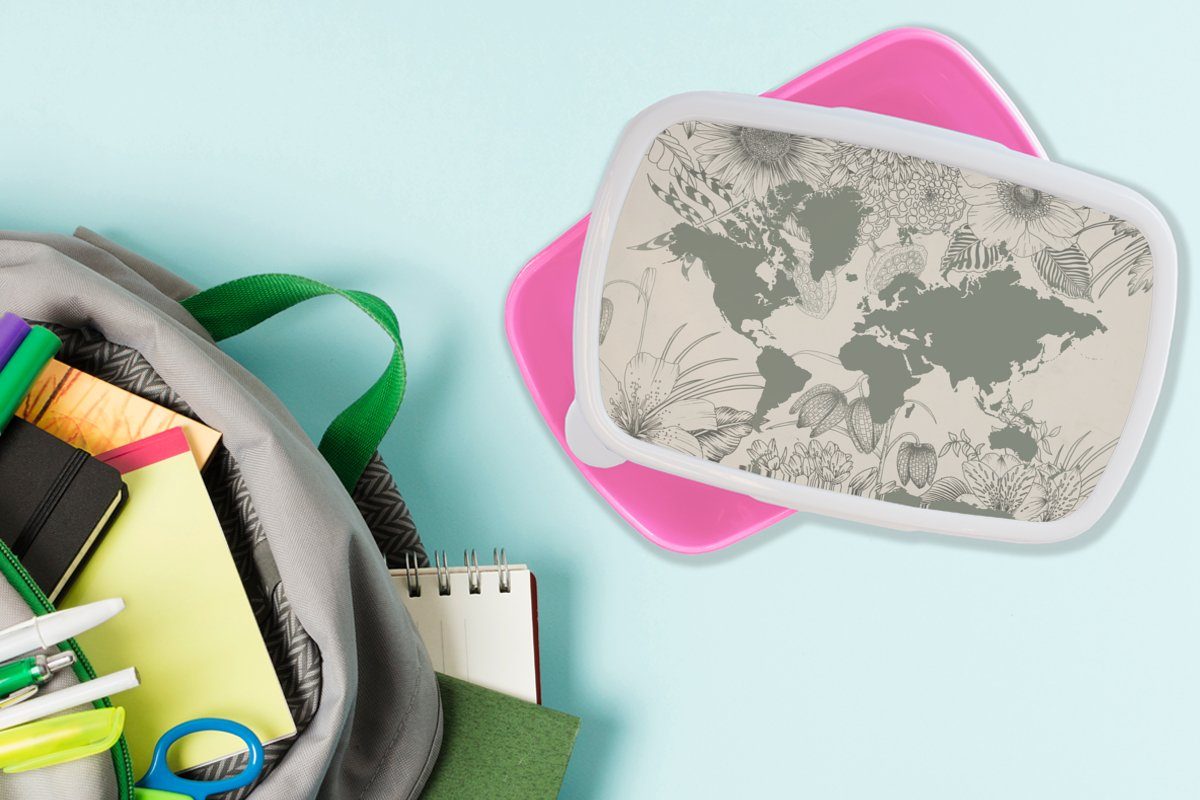 rosa Weltkarte Snackbox, - Mädchen, MuchoWow Brotdose Lunchbox (2-tlg), Grau Kunststoff, - Blumen, Kunststoff für Erwachsene, Brotbox Kinder,
