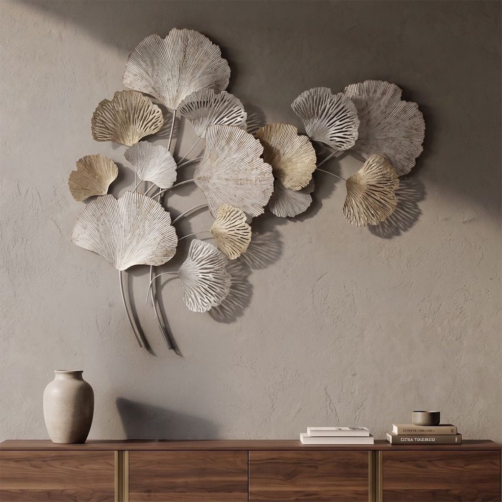 MF Wanddekoobjekt Wanddekoration Elva mit Ginkgo Blättern in Silber und Gold 113cm (1 St)
