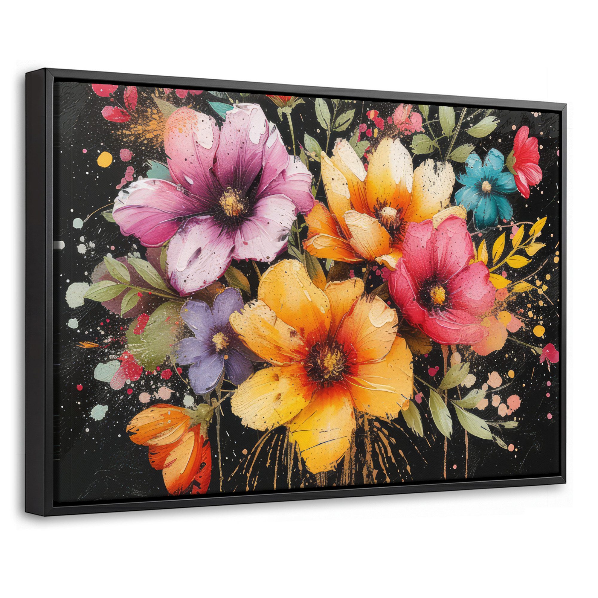 OneMillionCanvasses® Leinwandbild mit Rahmen - Blumen - Graffiti - Farbenfroh - Straßenkunst, Fotodruck (1 St), Bilder, Zimmer Wand Bild Dekoration 30x20cm