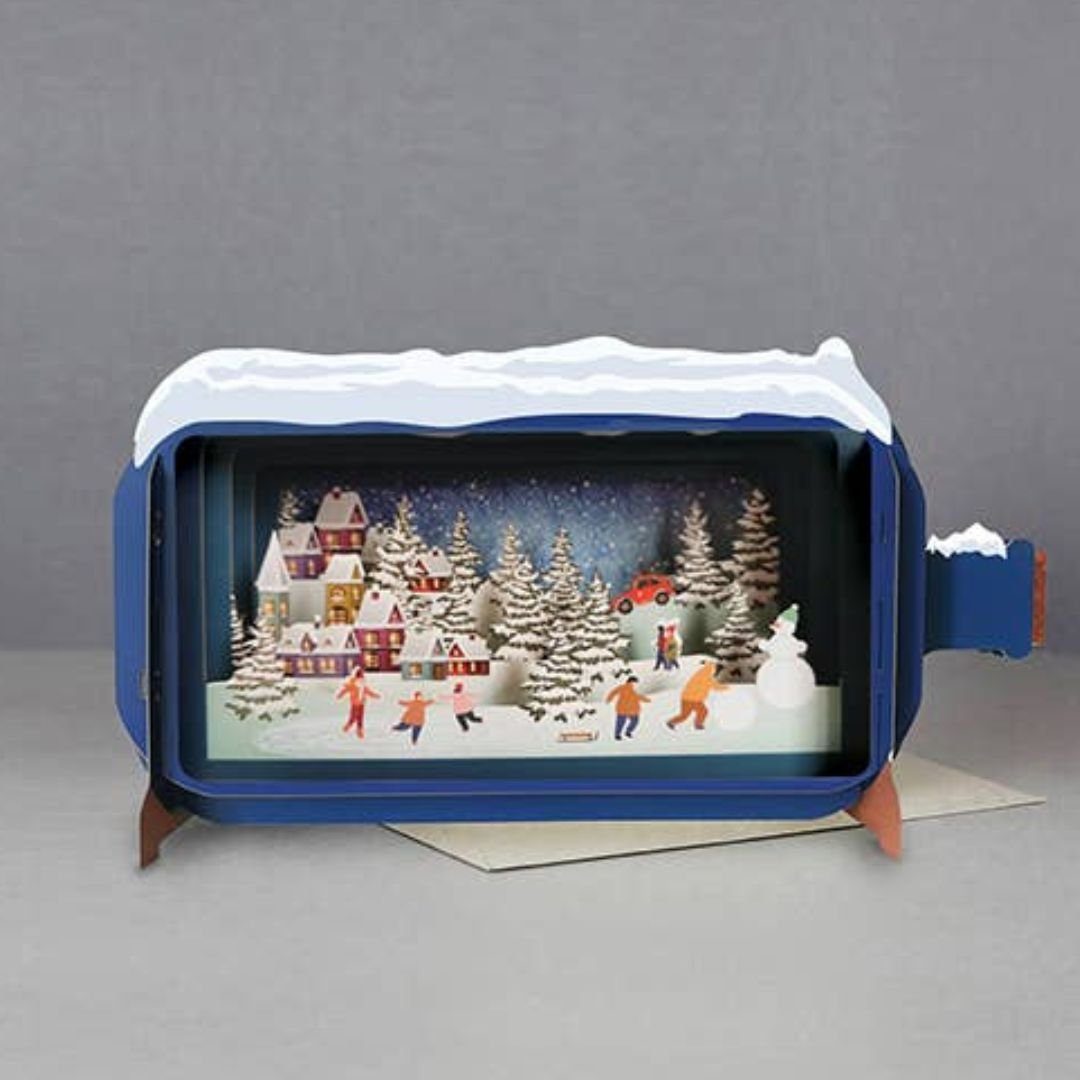 suebidou Weihnachtskarte 3D Pop Up Karte Weihnachten Flaschenpost zum Beschriften Winterdorf