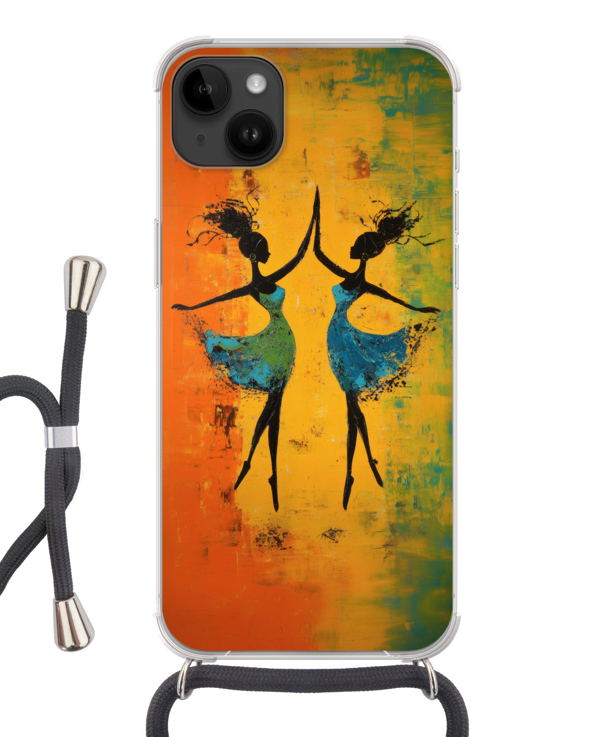 MuchoWow Handyhülle für Apple iPhone 14 Max Tanzen - Frauen - Farbtextur, Tragbare Handyhüllen mit Kette zum umhängen, Handykette Handyband