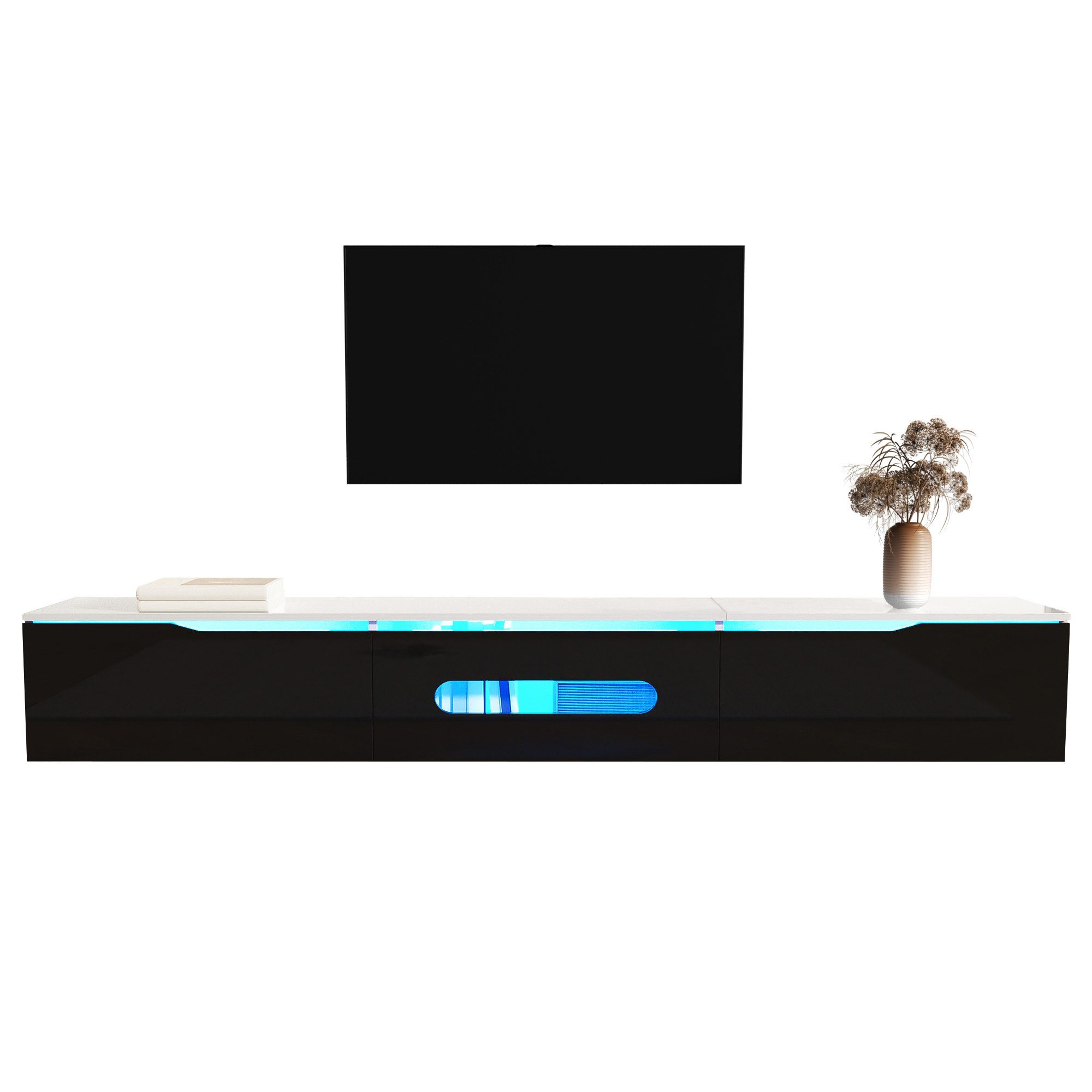 MODFU Lowboard mit gedämpften Scharnieren (Fernsehtisch,TV-Board,TV-Ständer, TV-Panel, TV-Glasschrank, 1 St., wandmontierbar oder bodenmontierbar), Hochglanzoberfläche, mit 16-farbiger LED-Beleuchtung