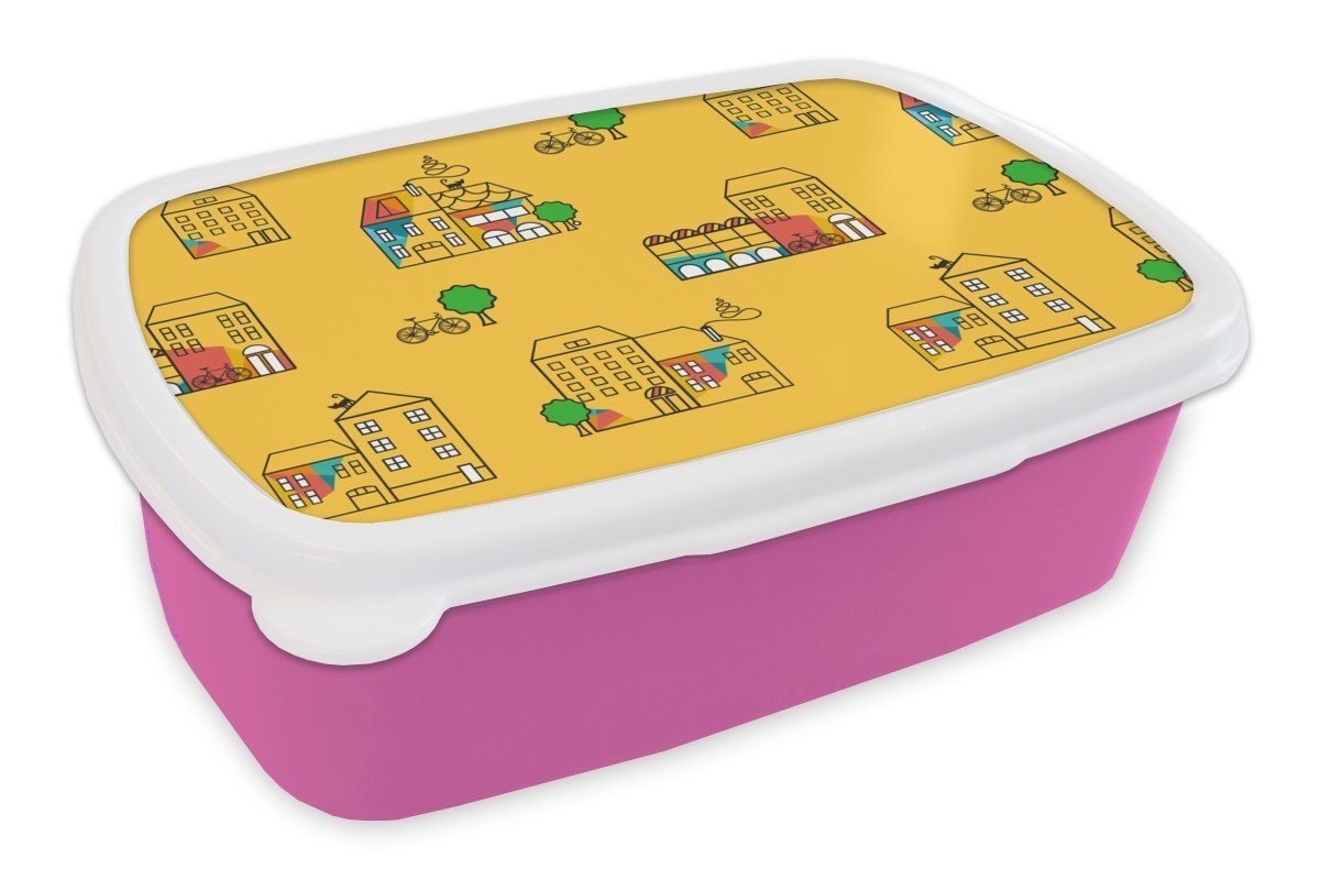 MuchoWow Lunchbox Sommer - Muster Kunststoff, Kinder, Mädchen, Brotdose Snackbox, Kunststoff (2-tlg), Erwachsene, Stadt, Brotbox - für rosa