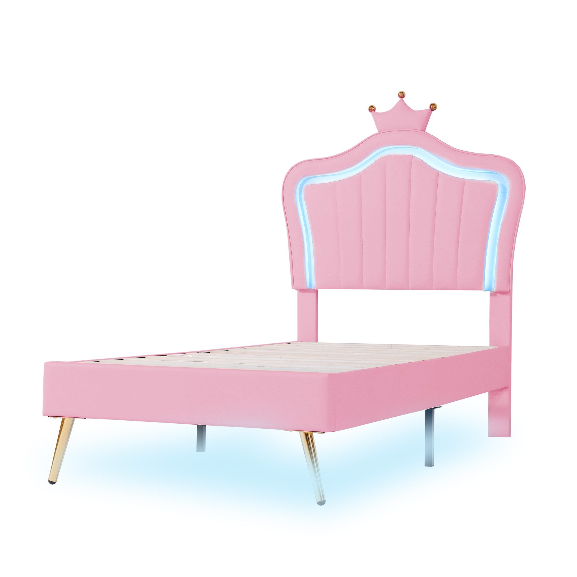 ANYSUN Prinzessinbett Kinder-Polsterbett mit LED-Krone & Lattenrost – Premium-Leder