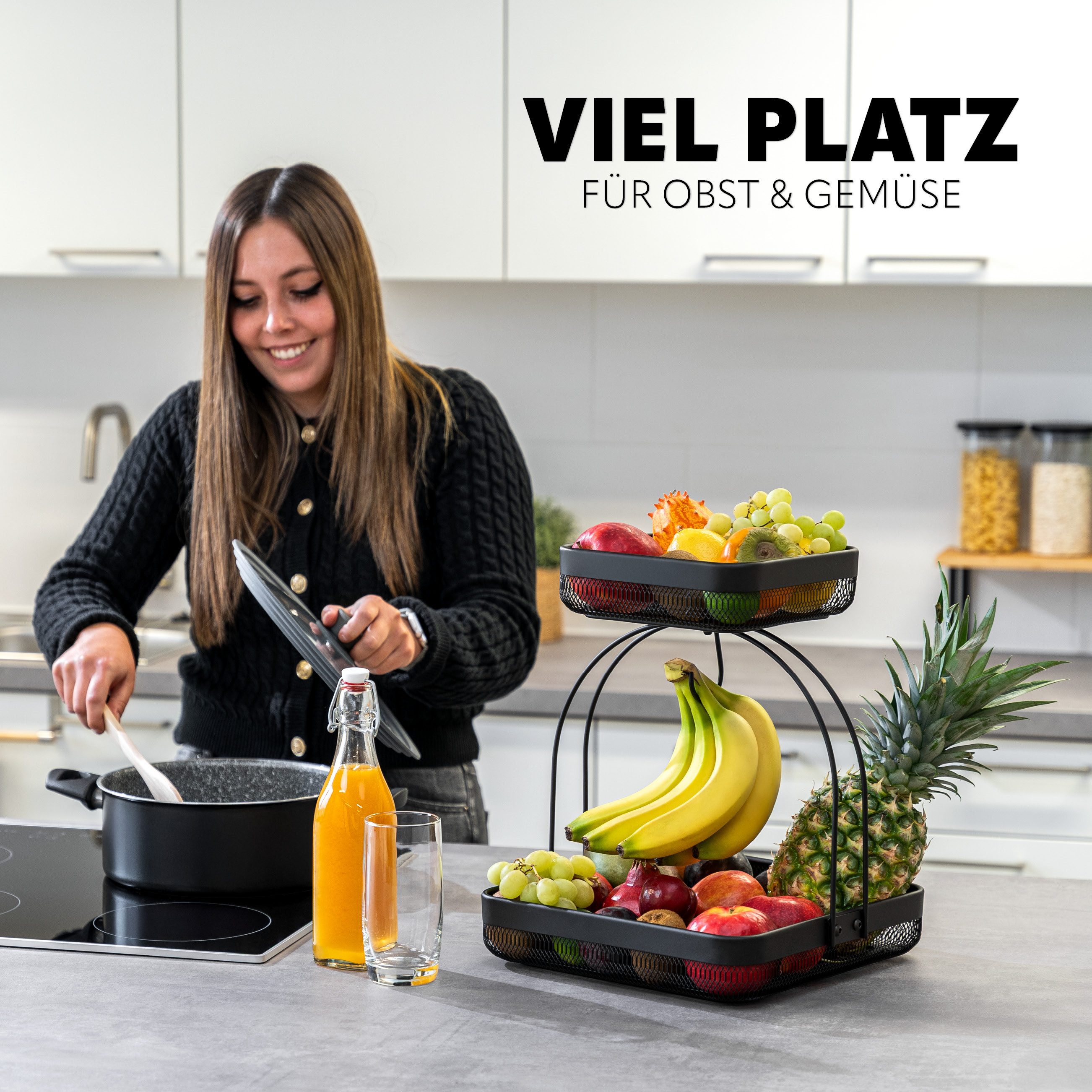 eluno Obstschale 2-stöckig mit Bananenhalter aus schwarzem Metall, Metall, (1-tlg)