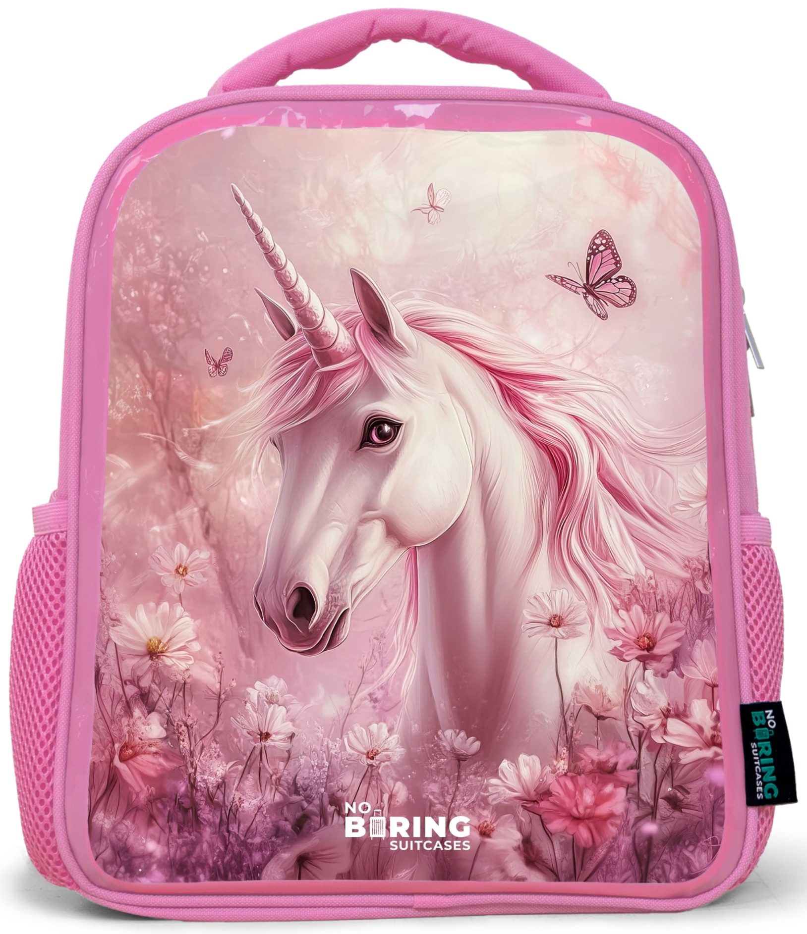 NoBoringSuitcases.com© Rucksack Rosa - Einhorn - Rosa - Schmetterlinge - Blumen, Kinderrucksack, Schulrucksack, Freizeitrucksack, Mädchen, Kindergarten