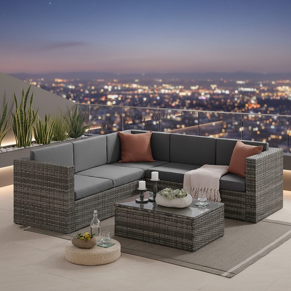 Garten-Essgruppe Gartenmöbel Sofa Sitzgarnitur Rattanmöbel Polyrattan Lounge Grau