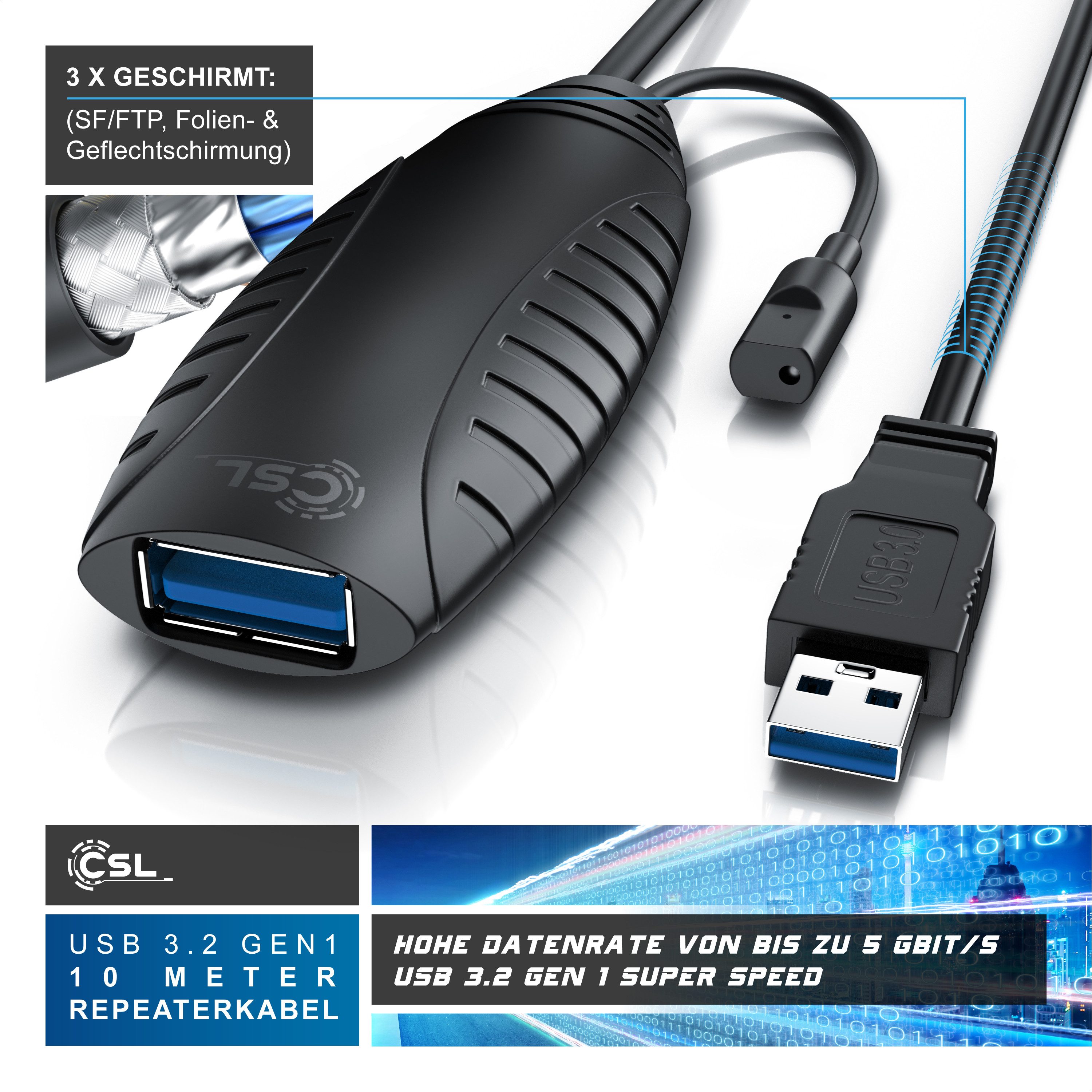 CSL USB 3.2 Gen 1 Repeaterkabel Verlängerung aktiv Gen1, Repeater - 10m Verlängerungskabel, USB Typ A, (1000 cm), Repeater Verlängerung Verstärker Kabel für Dru – Bild 4 von 5
