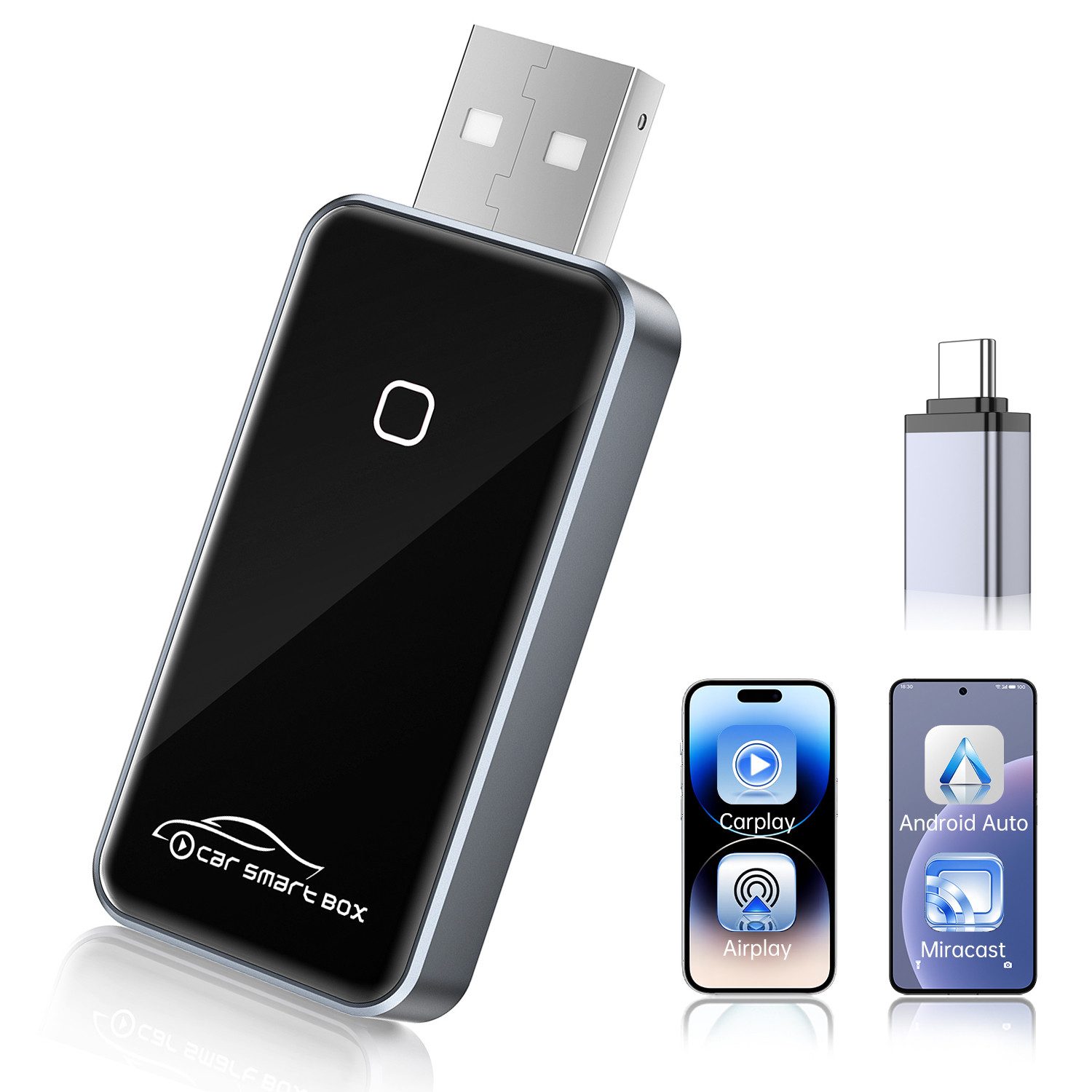 OYLCDI 4-in-1 Wireless CarPlay und Android Auto Adapter, Adapter Plug und Play,mit Bildschirmspiegelungsfunktion, zu USB Typ A, Kompatibel, mit iOS 10+/Android 11+ und Fahrzeugen mit kabelgebundenem CarPlay