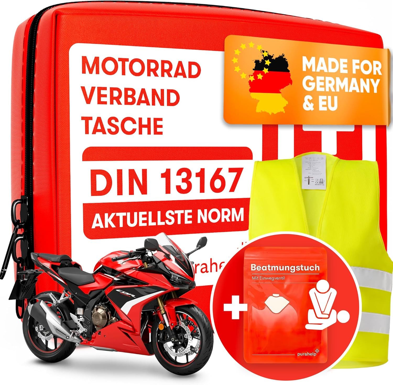 KFZ-Verbandtasche Motorrad Verbandskasten - aktuelle Norm 2024 DIN 13167 (StVO konform)