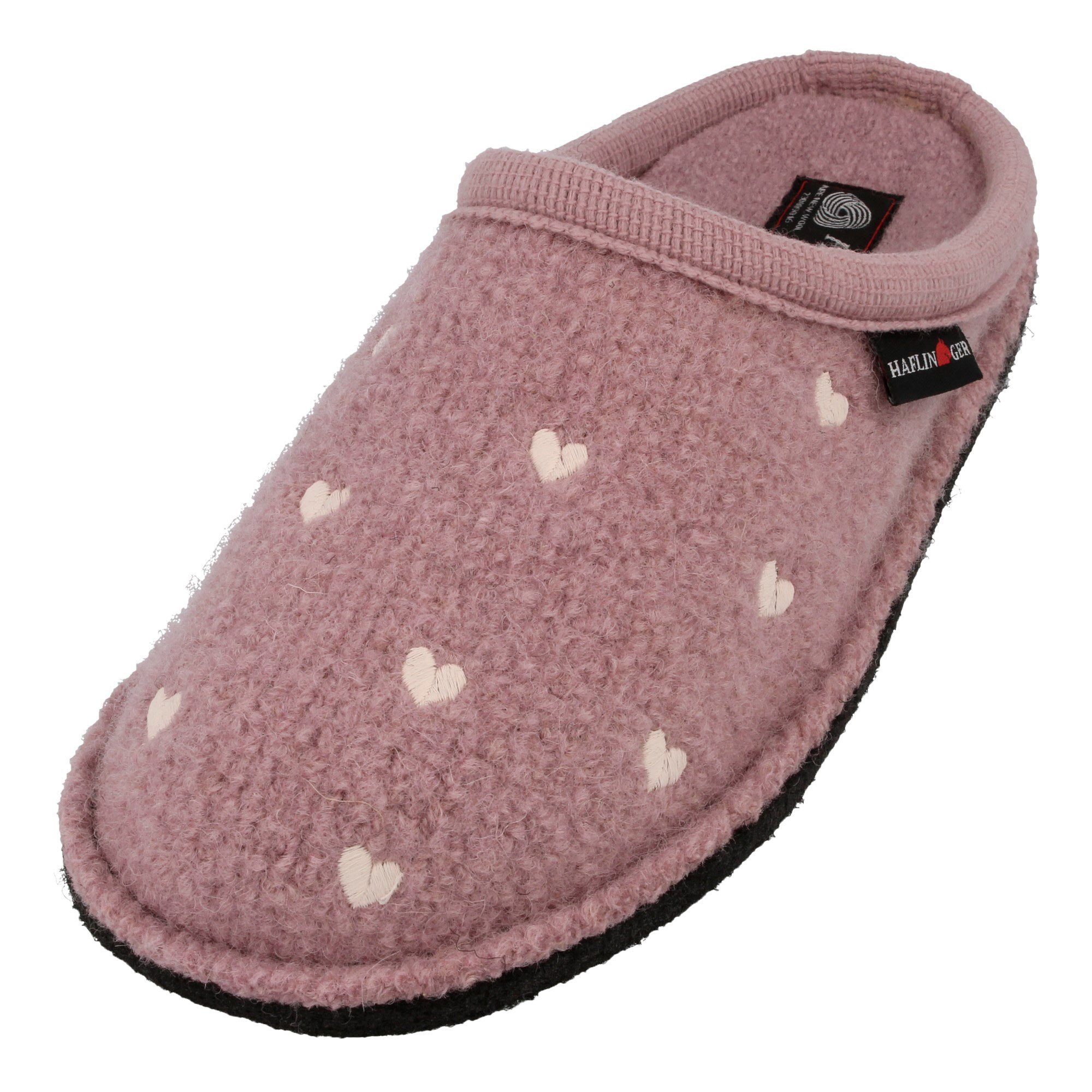 Haflinger Flair Valentine Pantoffeln aus gewalkter Wolle Herzmotiv Unisex Hausschuh