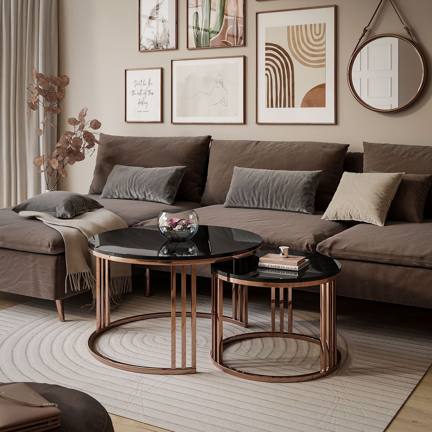 Lookway Couchtisch LORI 2in1 Couchtisch-Set in Hochglanz mit Kupfergestell günstig online kaufen