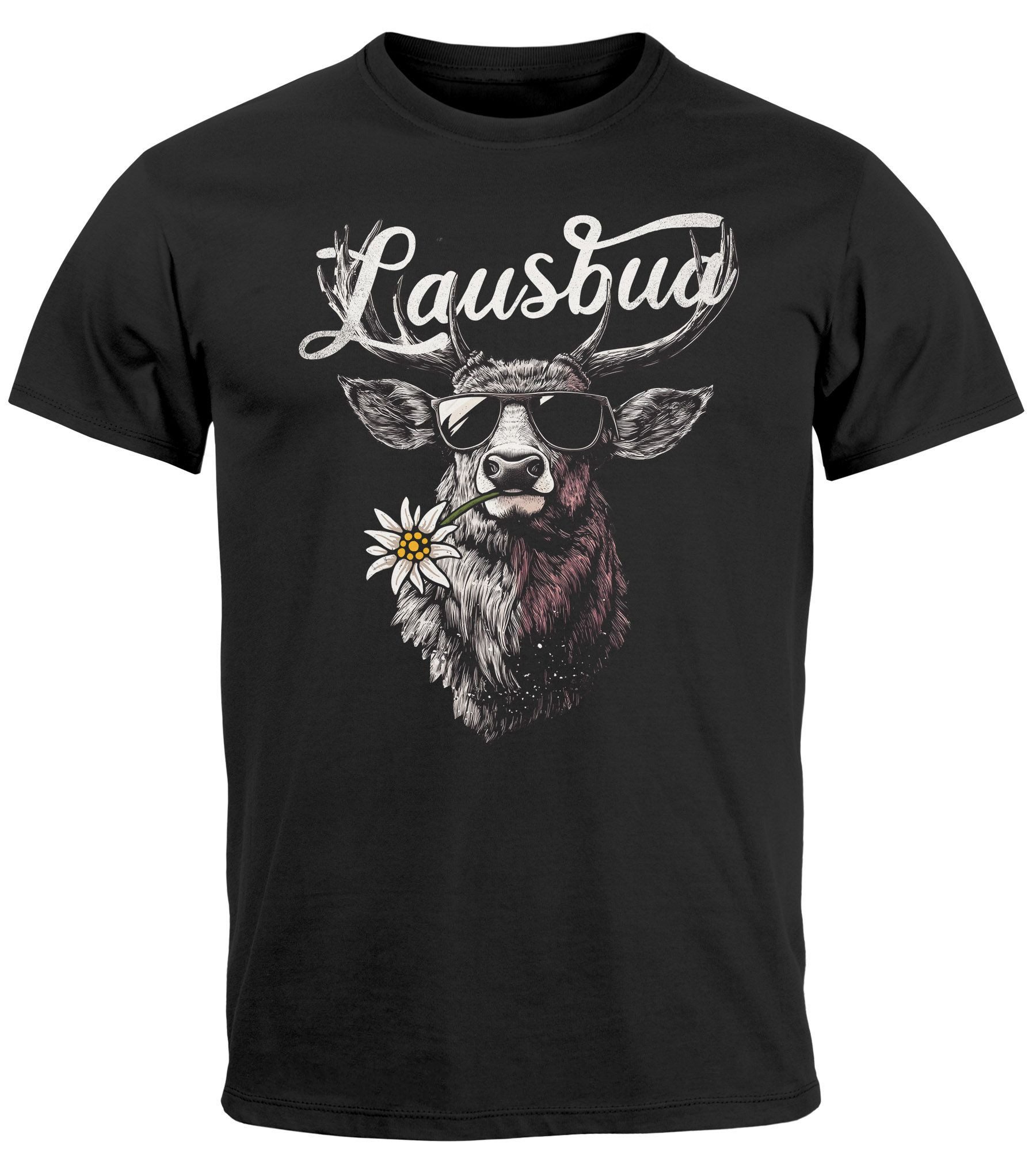 Neverless Print-Shirt Herren T-Shirt Trachtenshirt Hisch Alpen Edelweiß Schriftzug Lausbua mit Print