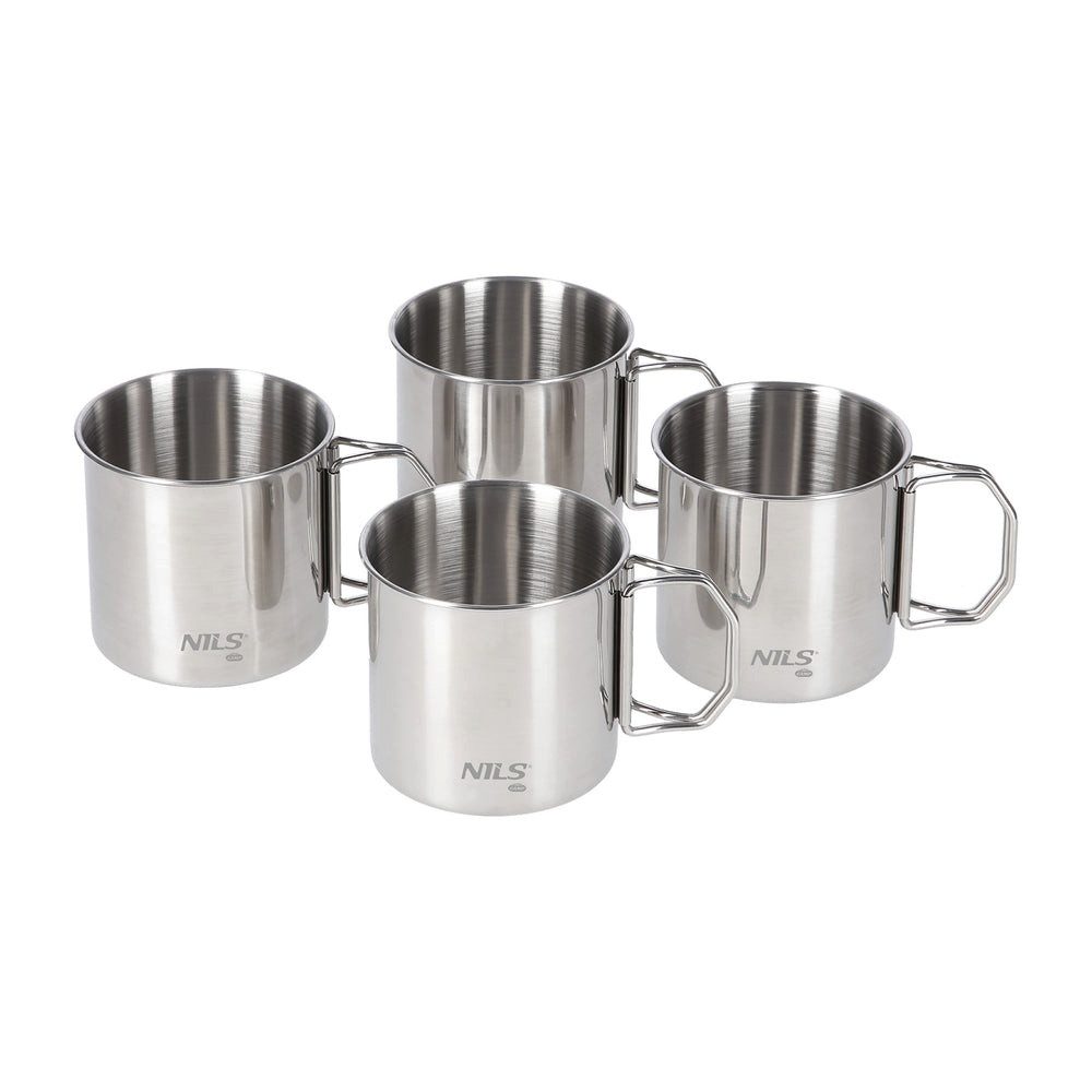NILS CAMP Becher Campingbecher Edelstahlbecher, 4-tlg., Edelstahl, faltbare Griffe, leicht, rostfrei, 300 ml