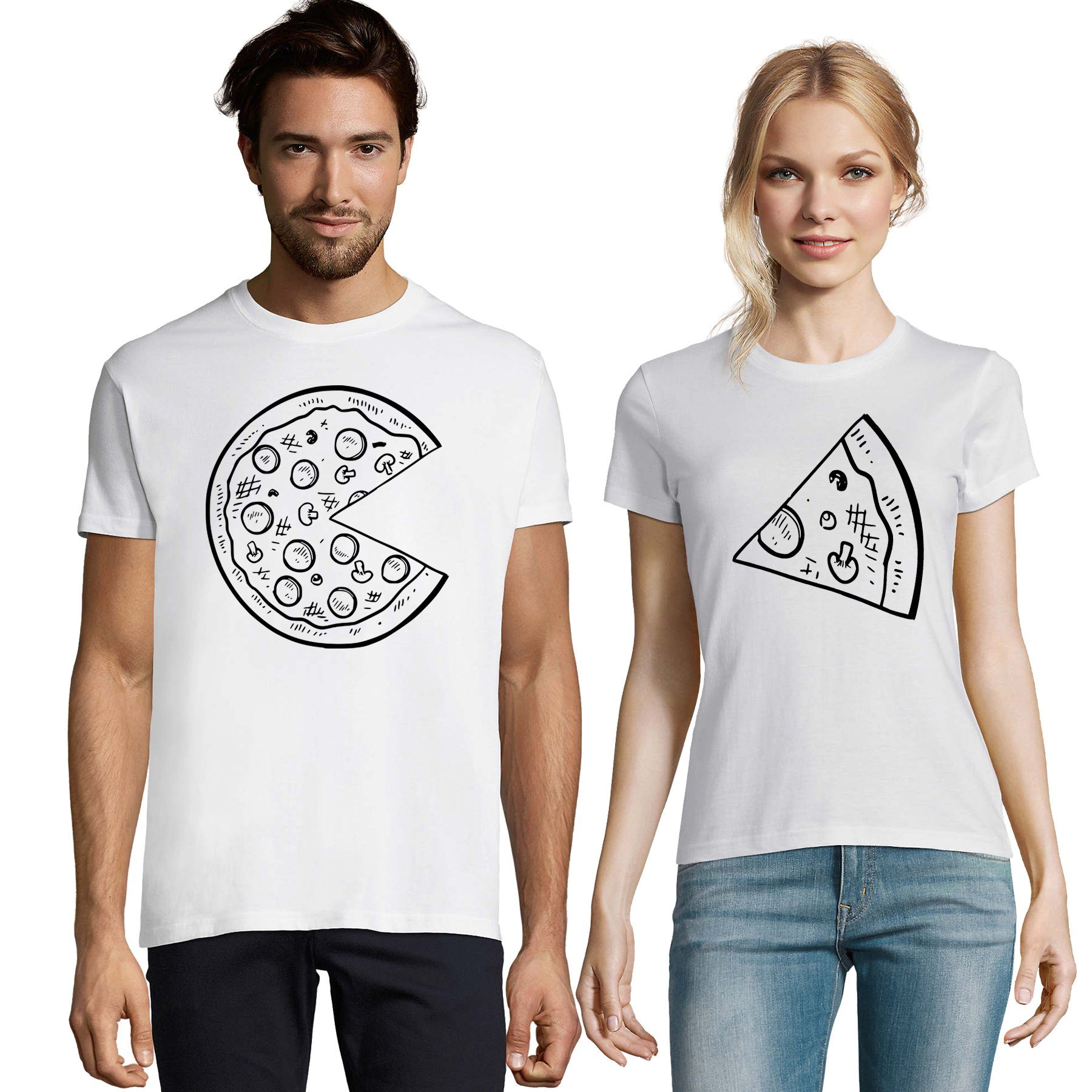 Blondie & Brownie T-Shirt Partner Pärchen Valentin Shirt Pizza Stück BFF Friends Herren Weiß
