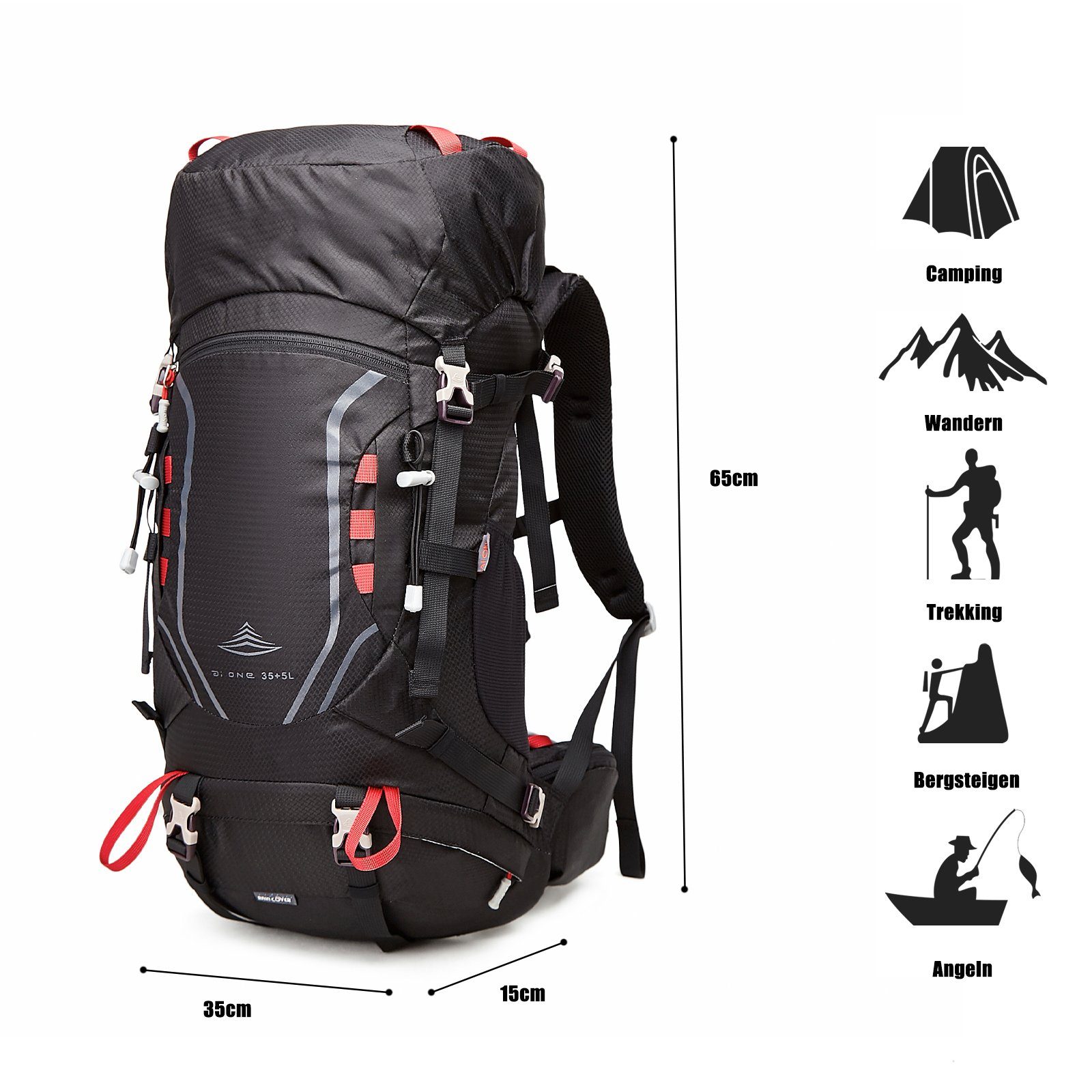 für Wanderrucksack, (30L+5L) Schwarz Trekking Reisen Camping mit Kletterrucksack 35L Wasserdicht TAN.TOMI Multifunktionaler (Einschließlich Regenschutz Regenschutz), Großer Outdoor
