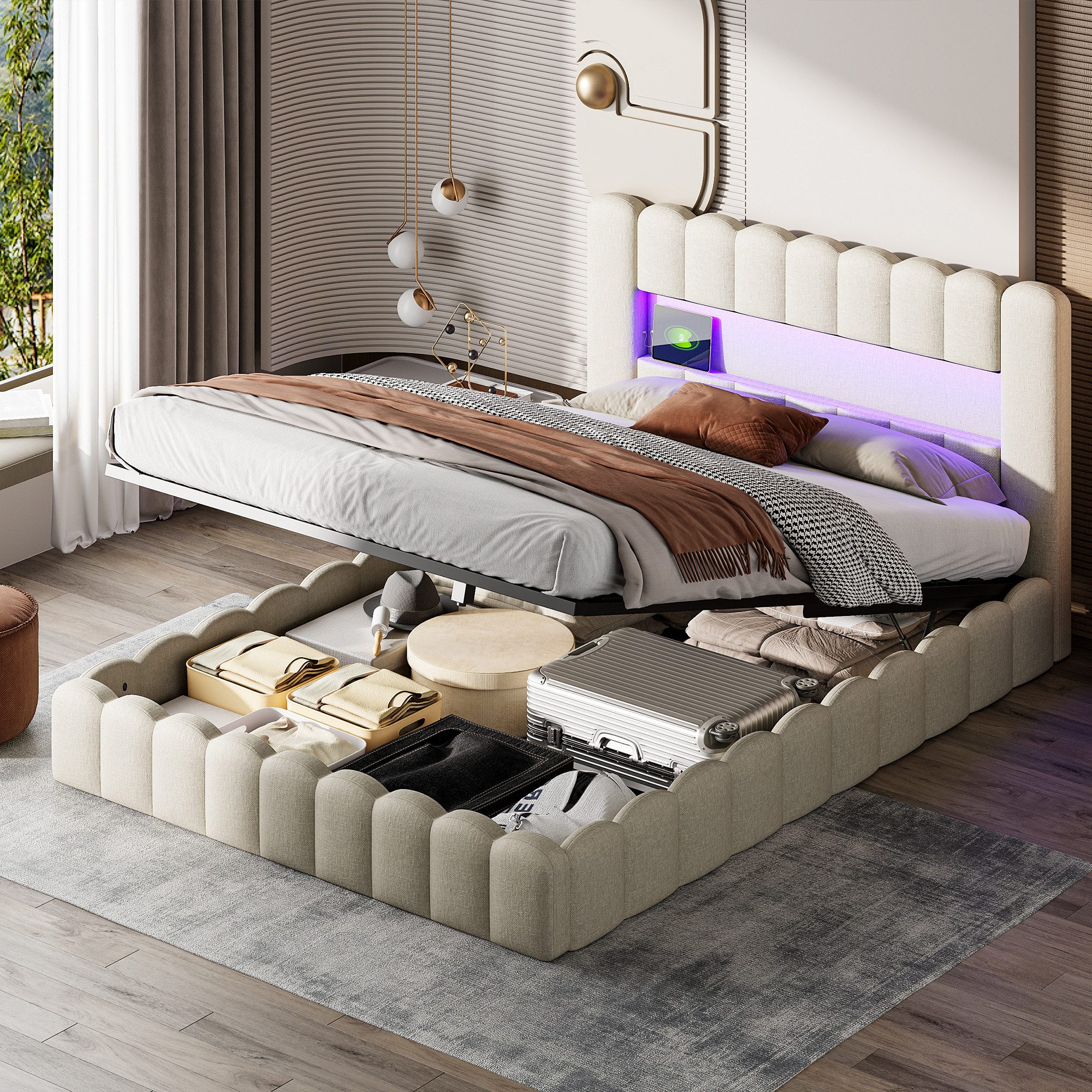 FUROKOY Boxspringbett 140x200cm LED Doppelbett Stauraumbett günstig online kaufen