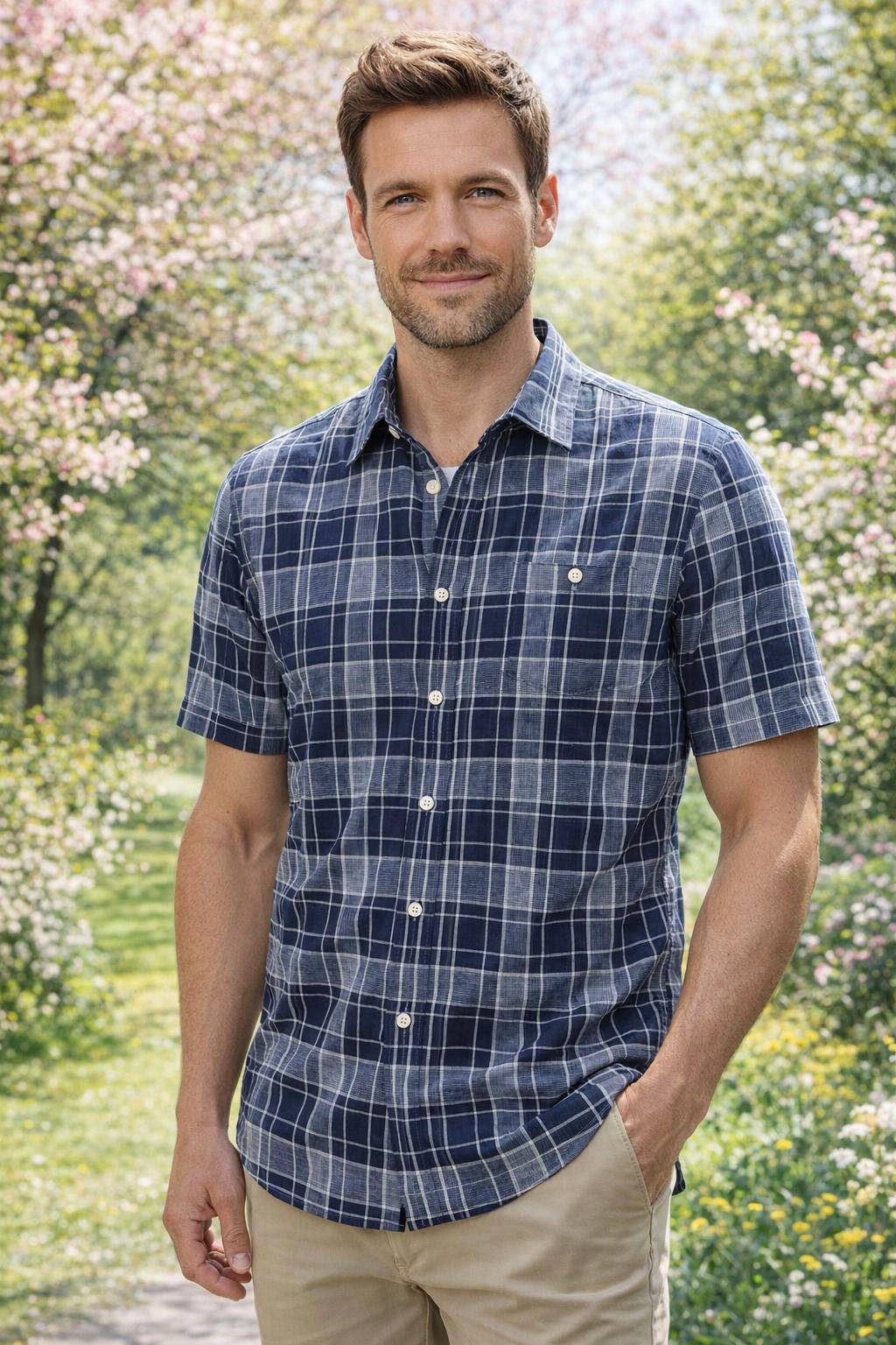 Man's World Karohemd in Crinkleoptik Kurzarm, für Frühling und Sommer, aus Baumwolle, bequeme Passform