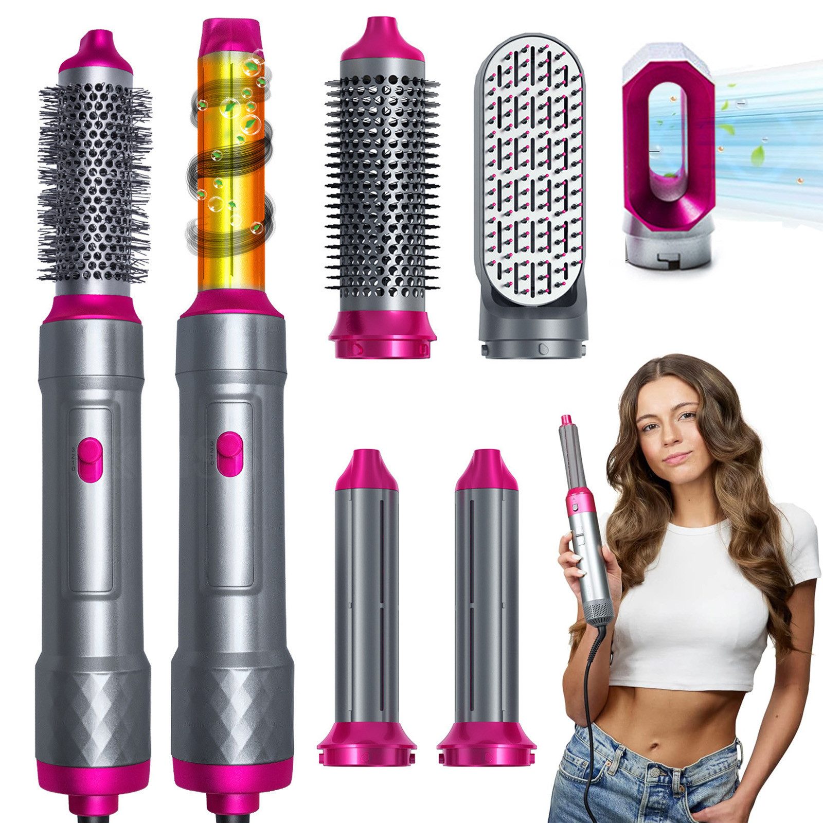 MOPUEA Haarstyler 5-in-1 Heißluftbürste Auto Hair Styler mit Ionenpflege, Negative Ionen, 3 Temperaturstufen, abnehmbare Bürstenköpfe