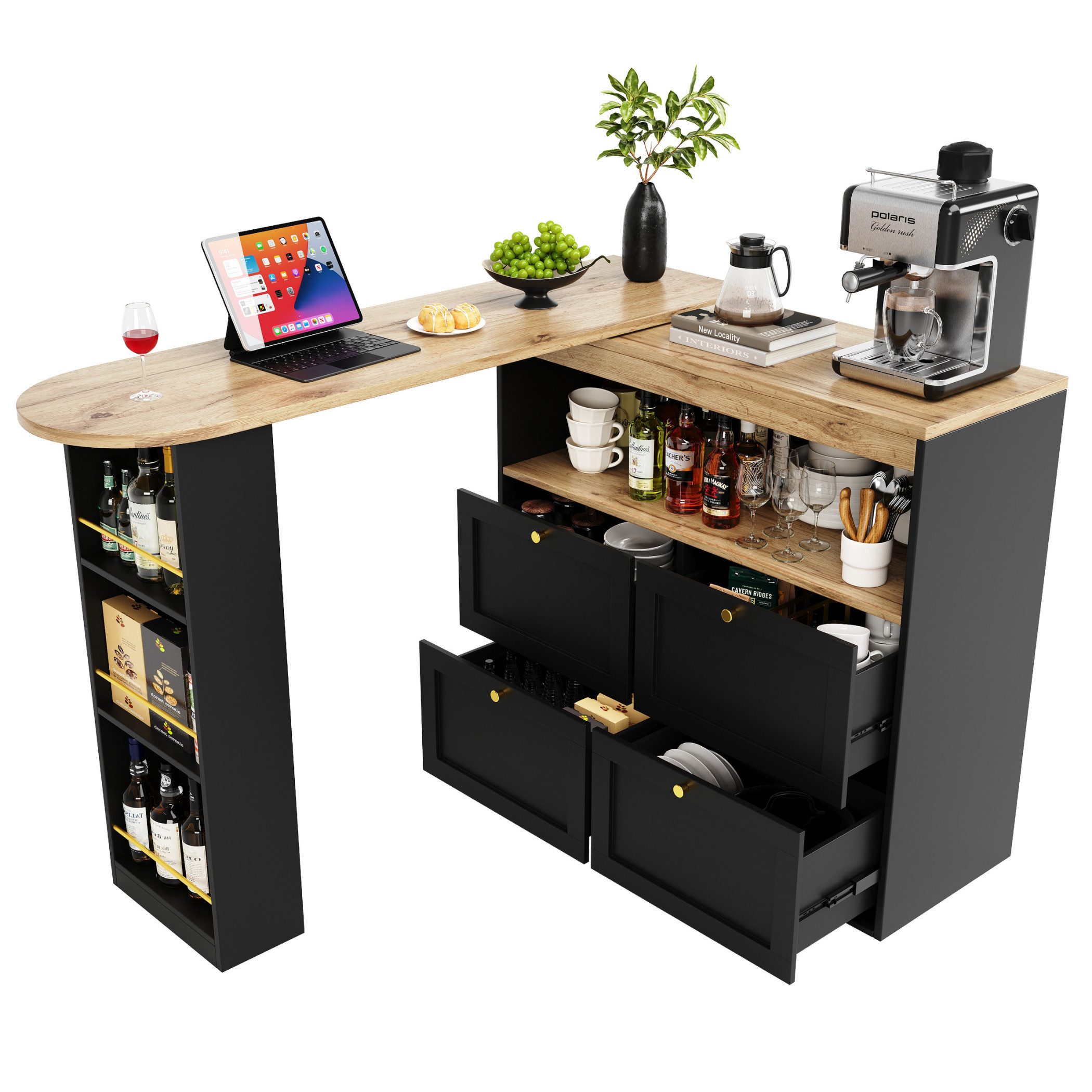 SeedWave Bartisch Multifunktionales, um 360° drehbares Bartisch mit Hellholzplatte, Anrichte mit Schubladen und offene Regale