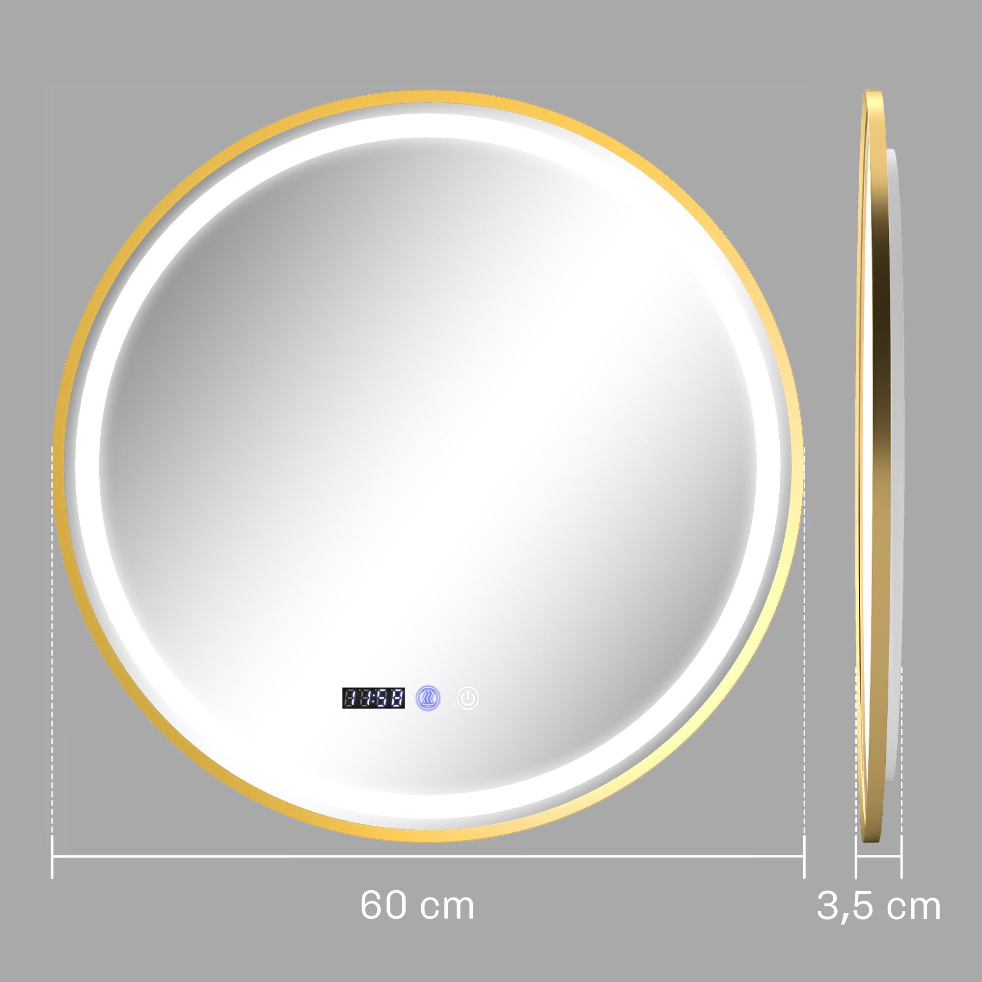 HOMCOM Badspiegel 60 cm, mit Timer, 3 Lichtfarben, mit Zeit- und Temperaturanzeige (Spiegel, 1-St., Badezimmerspiegel), IP44, für Badezimmer, Schlafzimmer