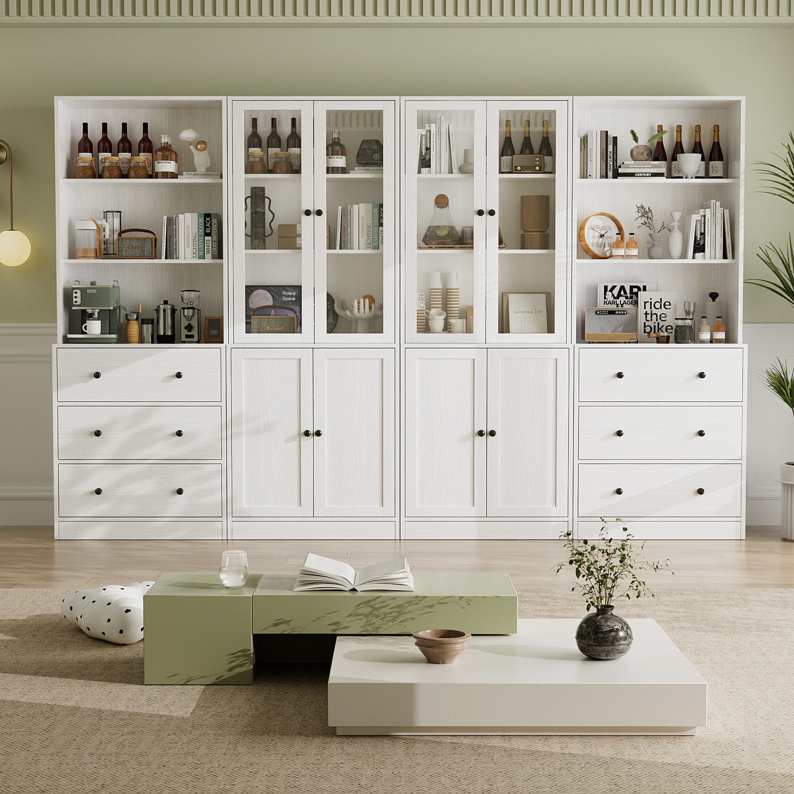 VOWNER Bücherregal 5-stöckiges Bücherregal mit Glastüren, 180 cm Vitrinenschrank, 4-tlg., multifunktionaler Küchenschrank Hochschrank & Buffetschrank