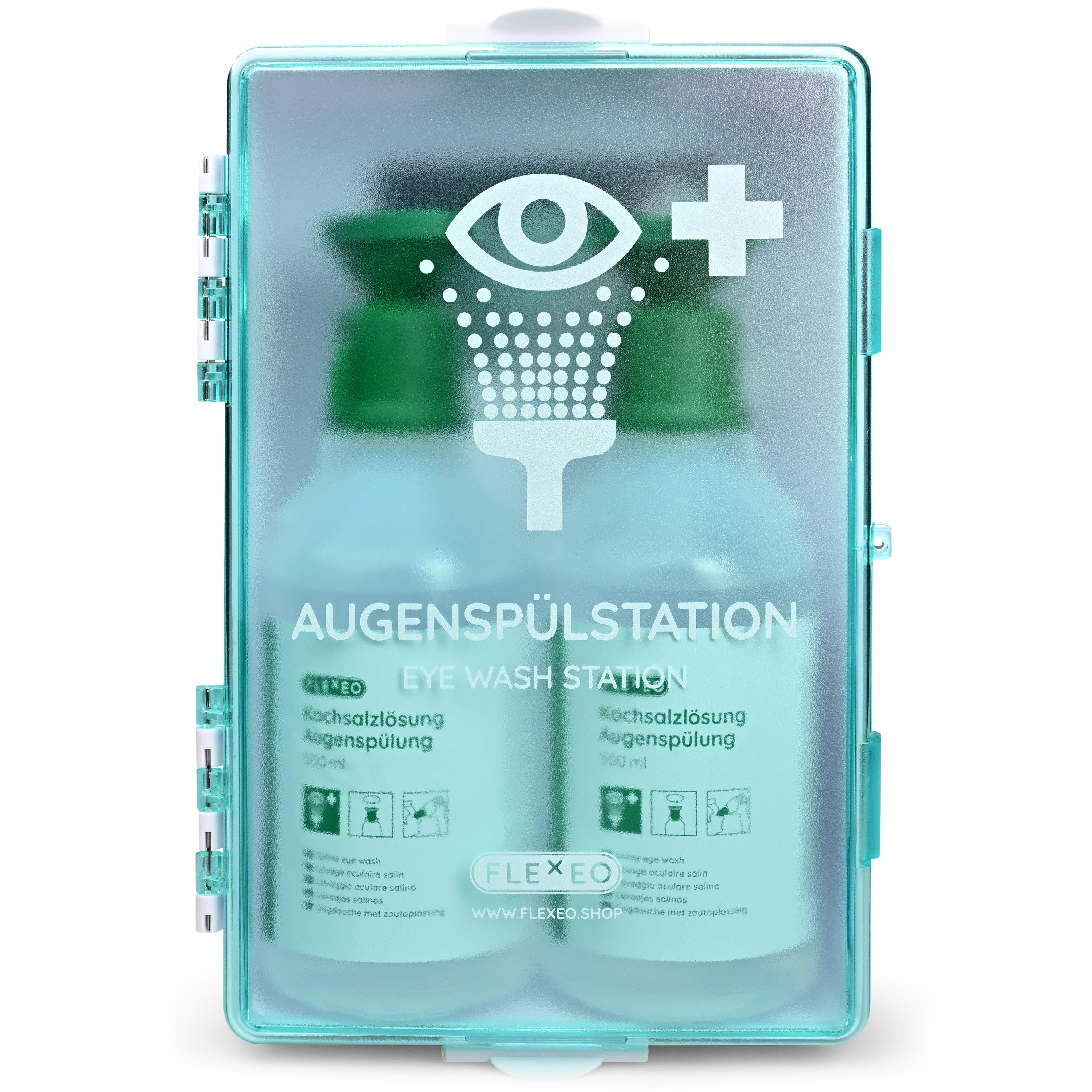 FLEXEO Erste-Hilfe-Set, (1 St), Augenspülstation, inkl. Wandhalterung, 2 x 500ml NaCl, zur Wandmontage